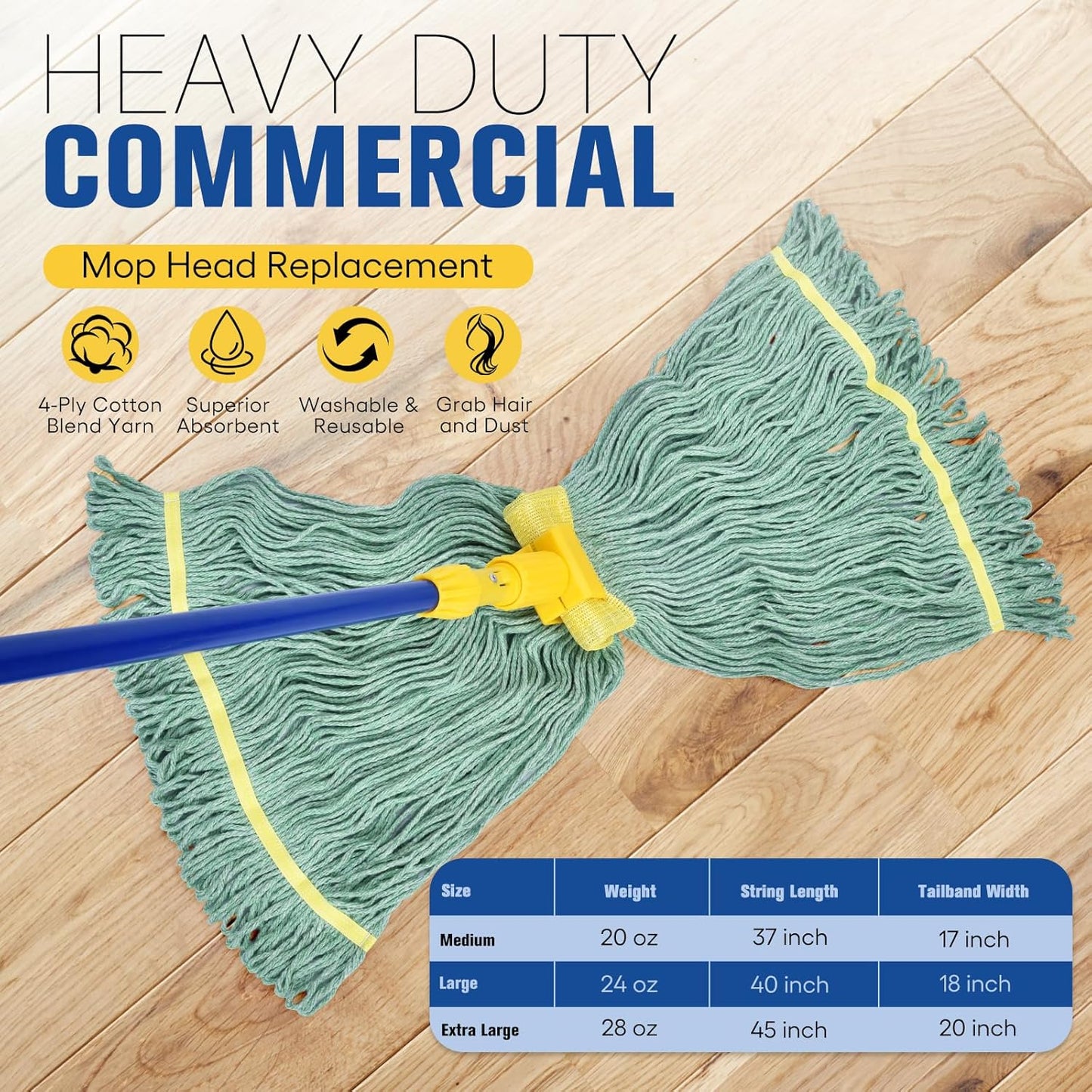 Matthew Cleaning Commercial Mop Head Replacement, 5 Inch Wide Headband, Looped End Cotton Blend String Wet Mops for Floor Cleaning, 18 oz Medium, 6-Pack Green