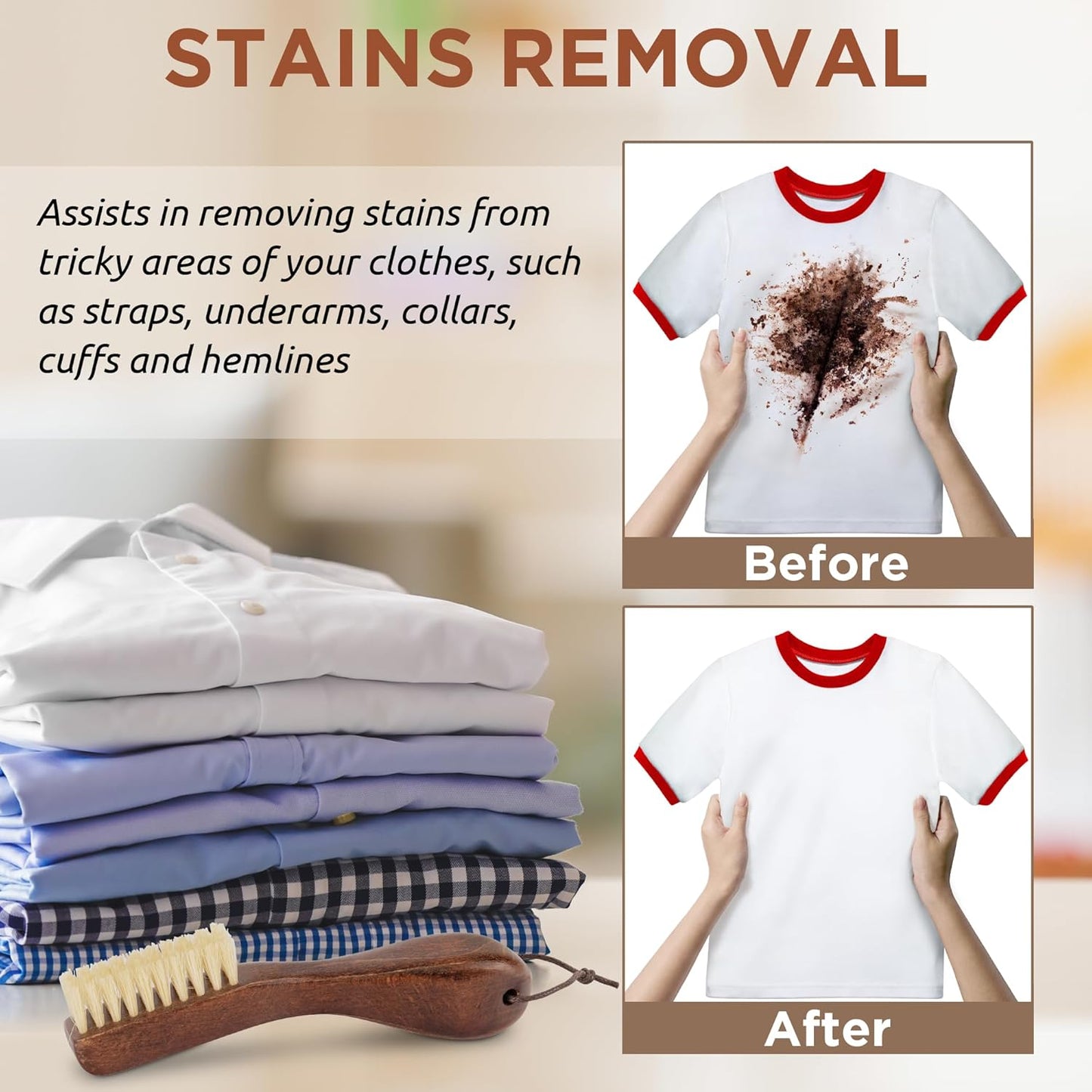 TAKAVU Stain Brush, Laundry Brush for Stain Removal, Natural Boar Bristle Cleaning Brush with Ergonomic Handle, Suitable for Delicate Fabrics Without Damage, Perfect Laundry, Shoes, Boots, Home