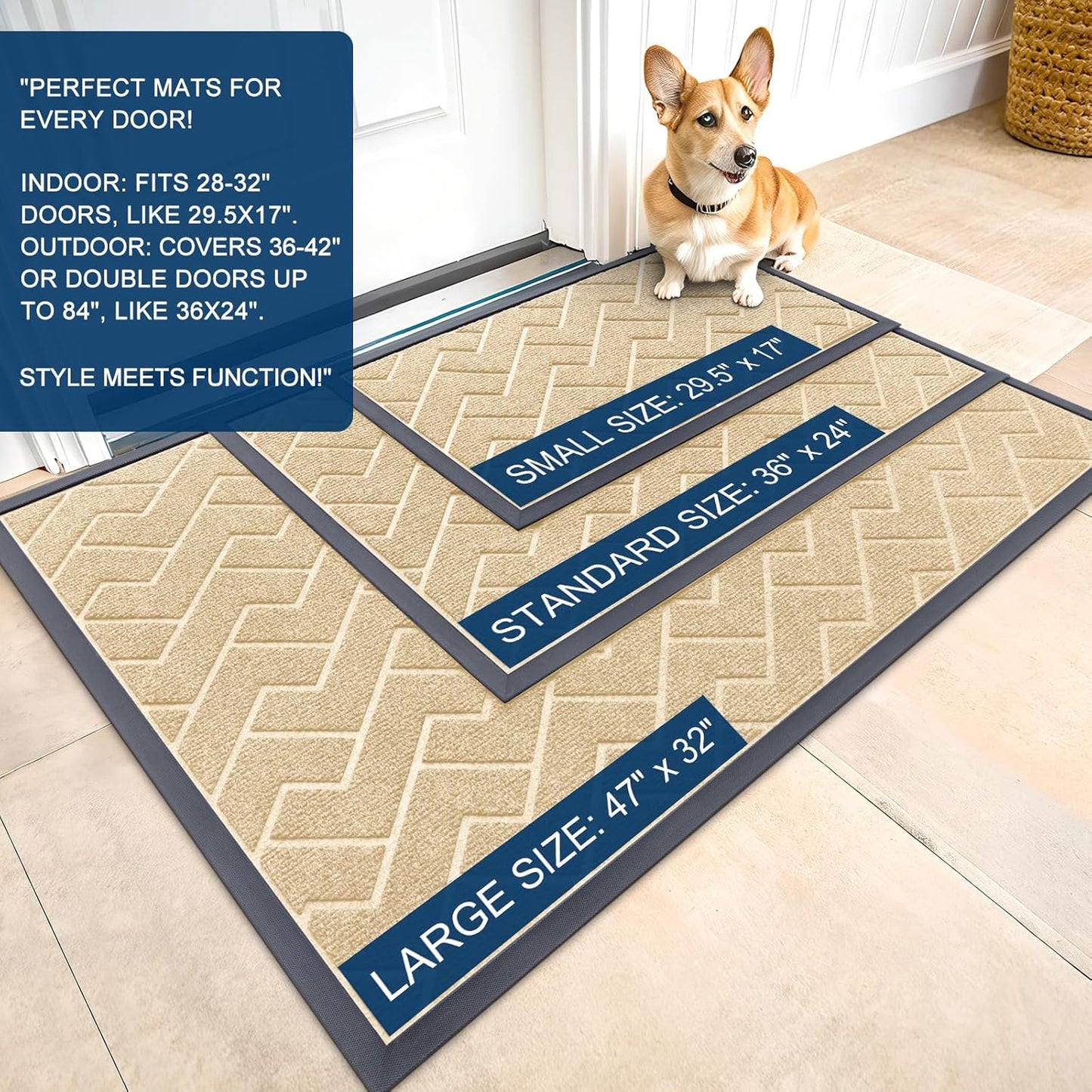 OLANLY Front Door Mat Indoor Outdoor Entrance, Waterproof All-Season, All-Weather Doormat, Sturdy Natural Rubber, Low Profile, Easy Clean Patio Porch Entryway Mat, Herringbone Brick (Beige, 47x23)