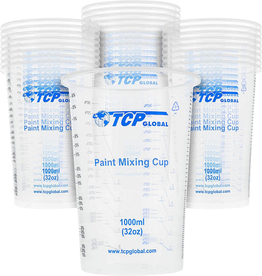 TCP Global 32 oz. (1000ml) Graduated Plastic Mixing Cups (Box of 25) - Disposable Plastic Measuring Cups for Liquids, Paints, Resin, Epoxy, Art, Kitchen - Ratios 2-1, 3-1, 4-1 ML