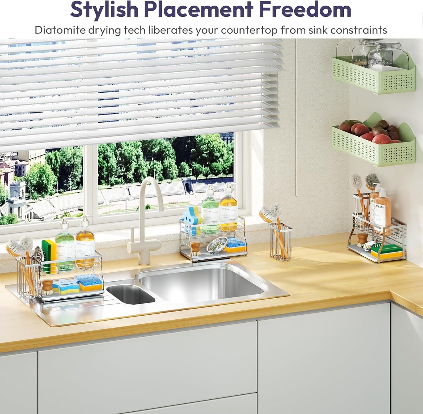 SWTYMIKI Kitchen Sink Caddy Organizer, 2 Tier Sponge Holder for Kitchen Sink with Instant Drying Stone, Removable Brush Holder for Fast Drying on Countertop, Silver