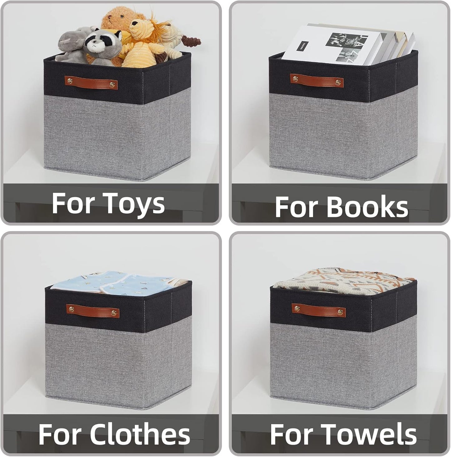HNZIGE Cube Storage Baskets,Fabric Storage Cubes 12 x 12, Set of 4,Decorative Storage Baskets for Organizing with Handles,Closet Bins for Shelf Organizer Home Toy Nursery Closet(Black Gray)