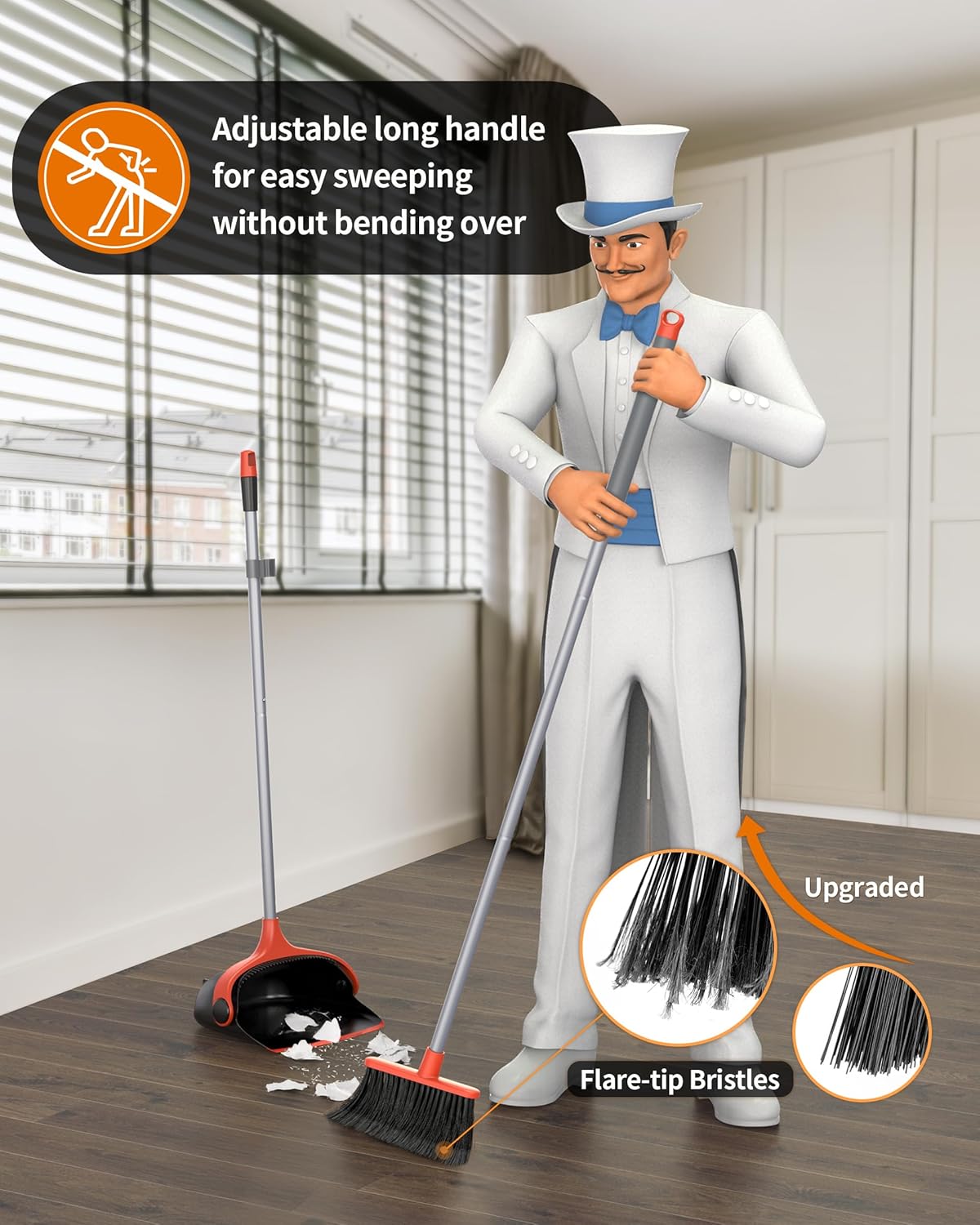 MR.SIGA Broom and Dustpan Set with Long Handle, Stand Upright Broom with Dustpan Combo for Floor Cleaning, Lightweight Sweeping Set for Indoor and Outdoor Use, 51.7"(131 cm) Long Handle, Black & Red