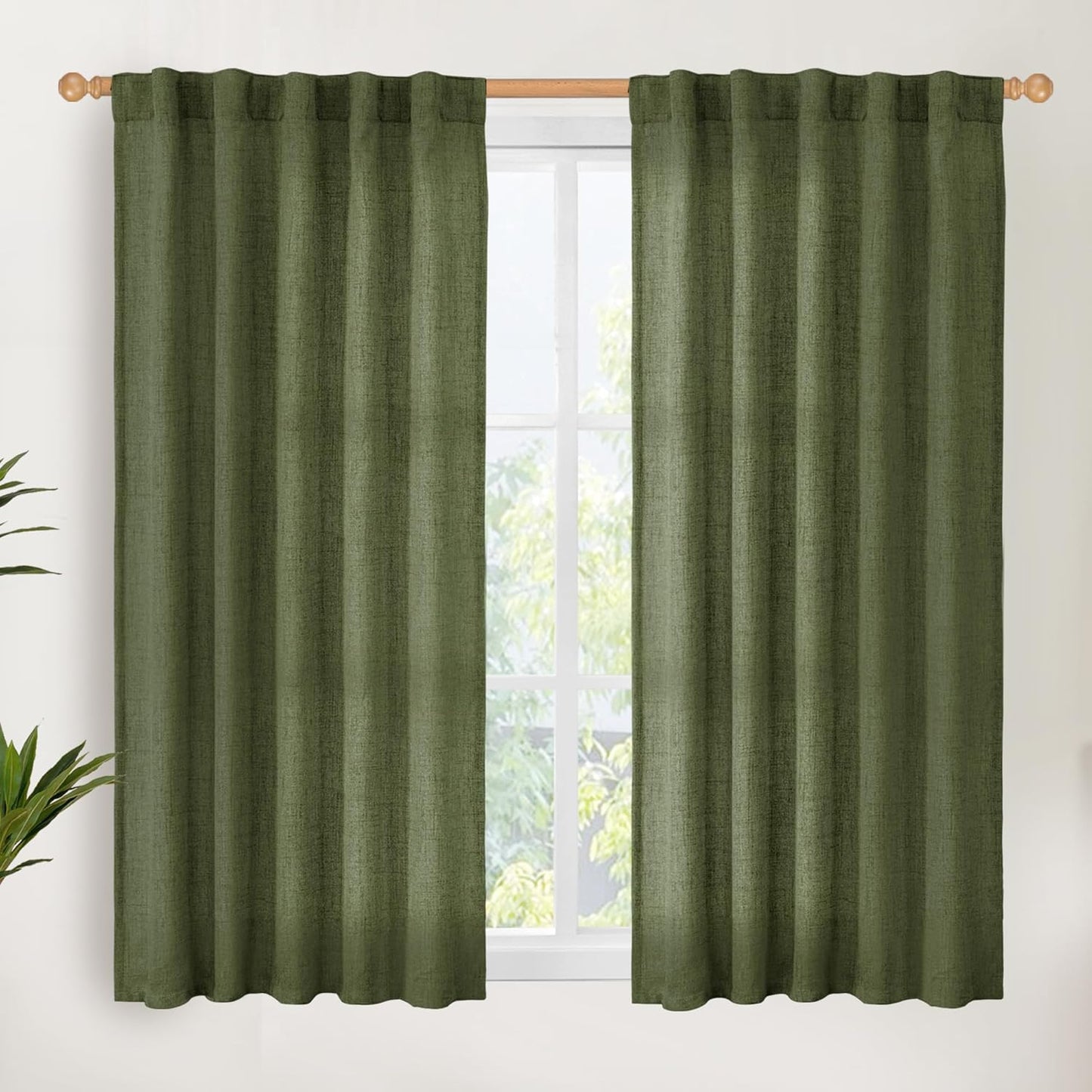 YoungsTex Olive Green Linen Curtains 48 Inch Length for Kitchen, Semi Sheer Small Window Drapes with Rod Pocket Back Tab Light Filtering for Short Living Room Bedroom, 2 Panels, 42 X 48 Inch