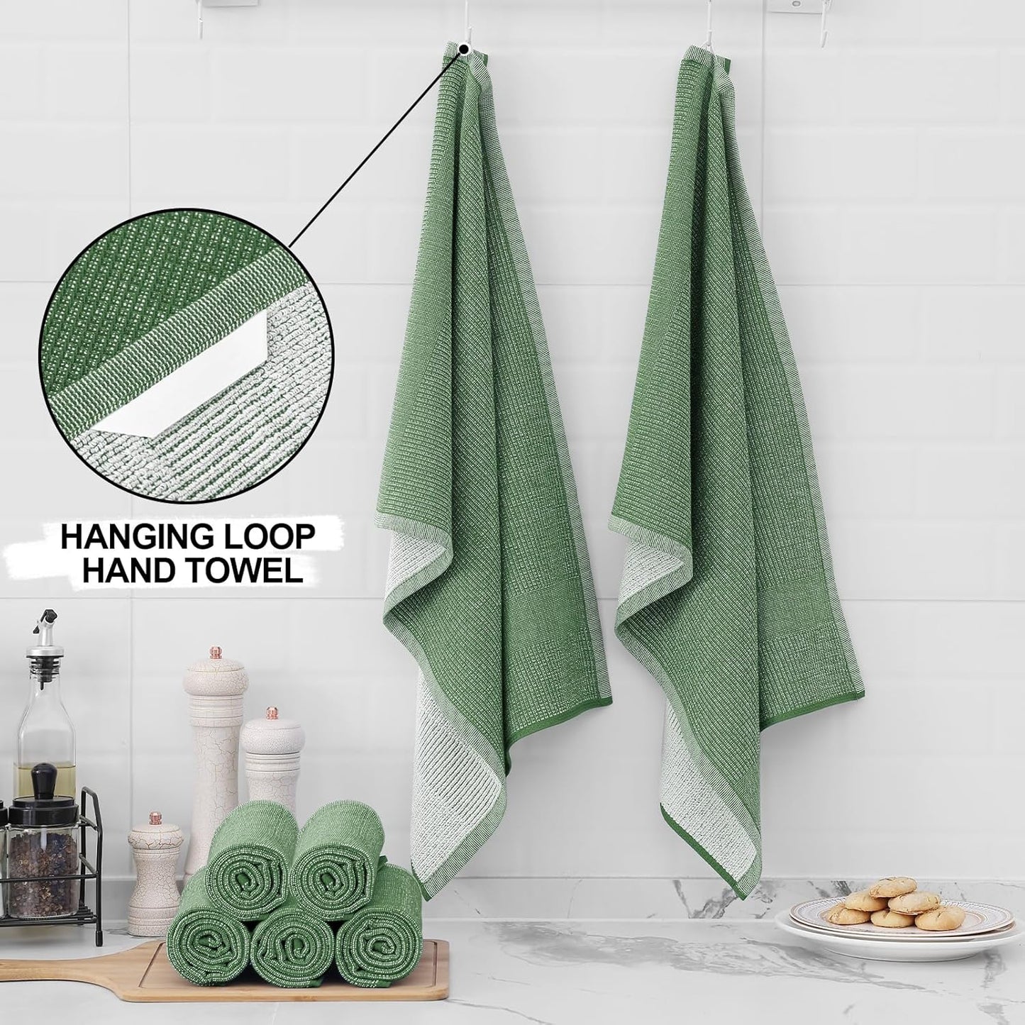 Homaxy Premium Kitchen Towels(18”x 28”, 8 Pack), Large Cotton Kitchen Hand Towels, Flat and Terry Dish Towels, 380 GSM Highly Absorbent Tea Towel Set with Hanging Loop, Grass Green