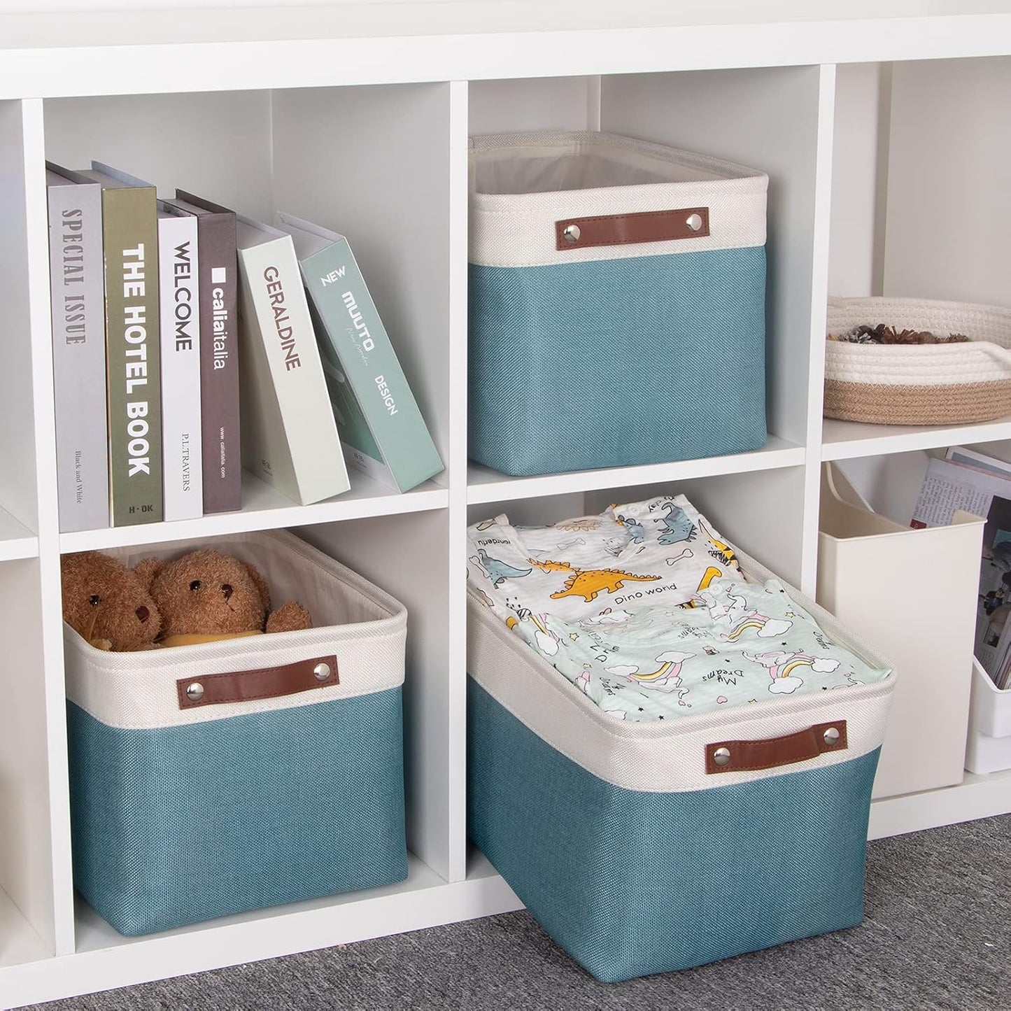 HNZIGE Storage Baskets Bins (3 Pack) Large Shelf Baskets for Clothes, Decorative Storage Bins with Handles, Canvas Collapsible Storage Bins for Organizing Storage (Gray&Teal, 15" X 11" X 9.5")