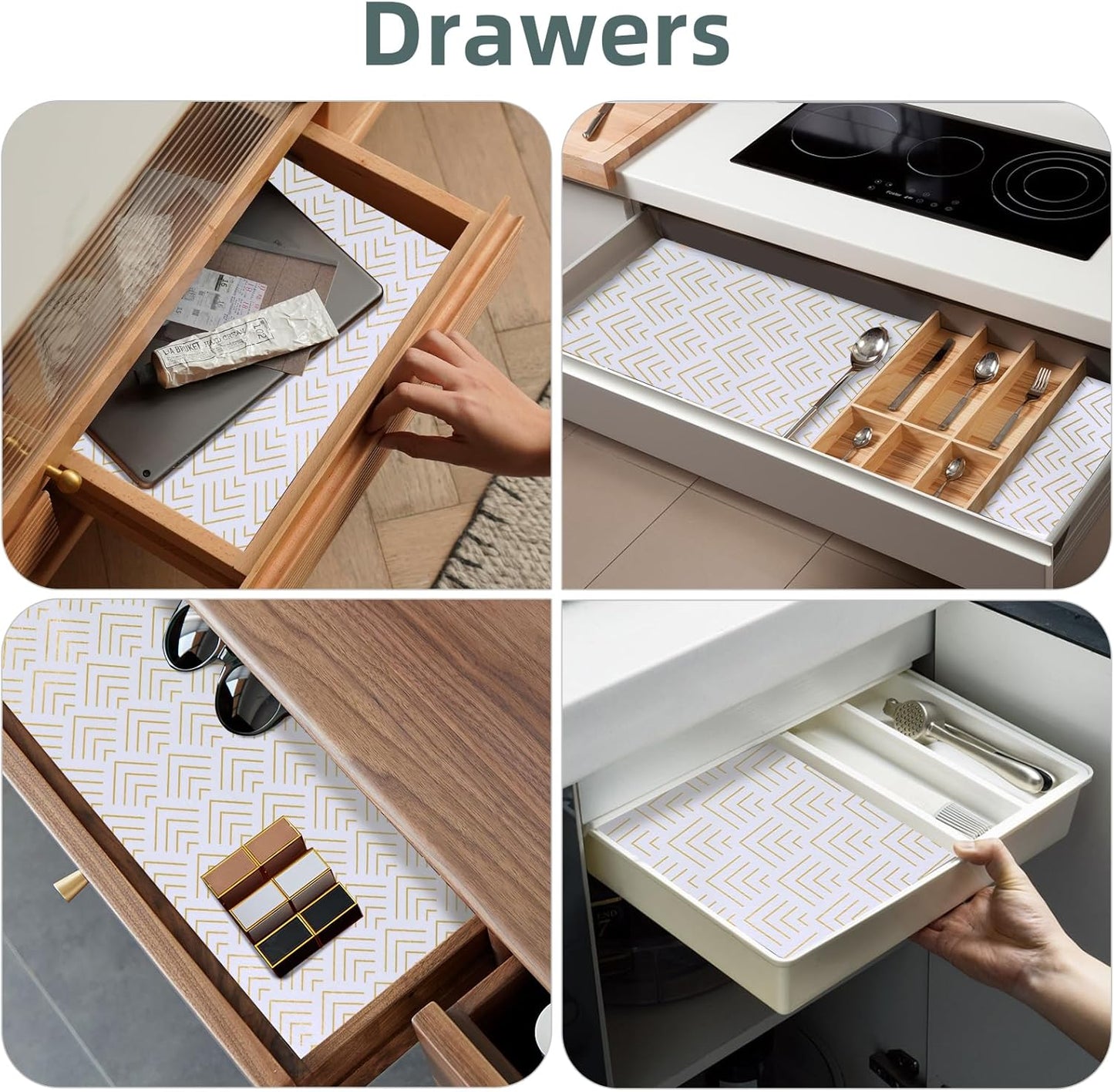Shelf Liner for Kitchen Cabinets Non Adhesive Drawer Liner Non-Slip Thickened Shelf Liner Paper Strong Easy to Clean for Tool Box Refrigerator with Knife and Tape Measure, Gold Arrow, 17.3 x 354.3 in