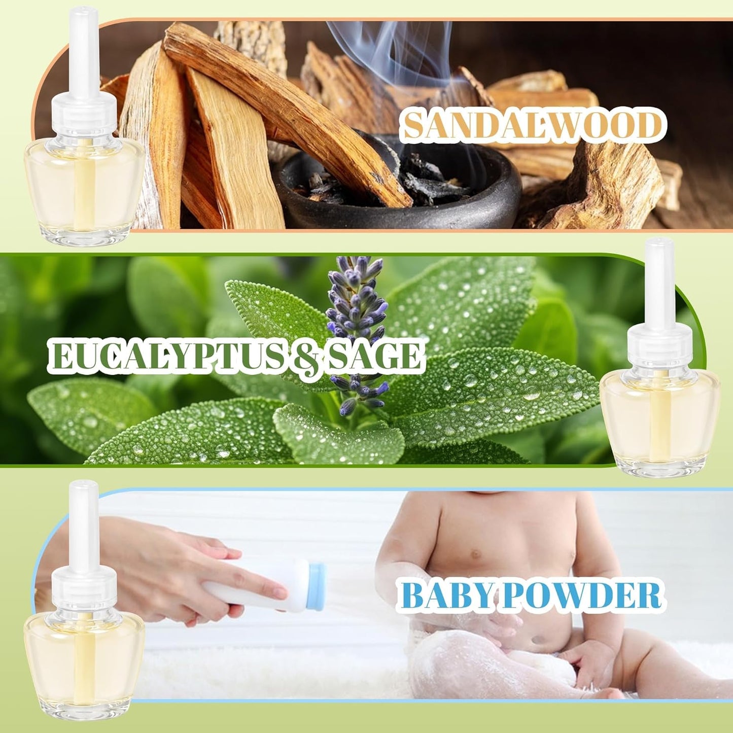 Plug-In Air Freshener Refills 12 Count - Palo Santo & Eucalyptus, Baby Powder Scent For Rooms & Bathrooms Office Wall Plug-In Refills, Compatible with Air Wick,Compatible with Glade