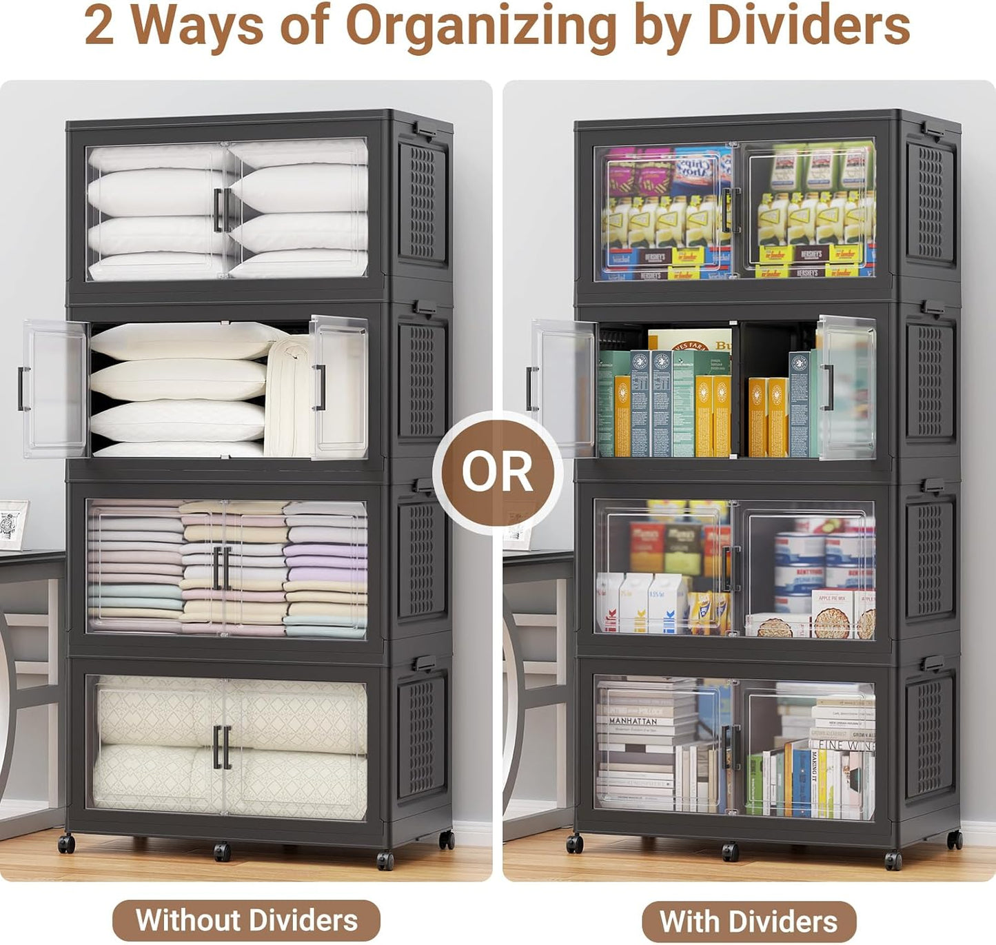 BROVIEW 52.7"H 150Gal Plastic Storage Bins with Lid & Wheels,3Pack Extra Large Stackable Storage Bins with Dividers,Closet Organizers and Storage Cabinet Collapsible Box Shelves for Home Kitchen,Black