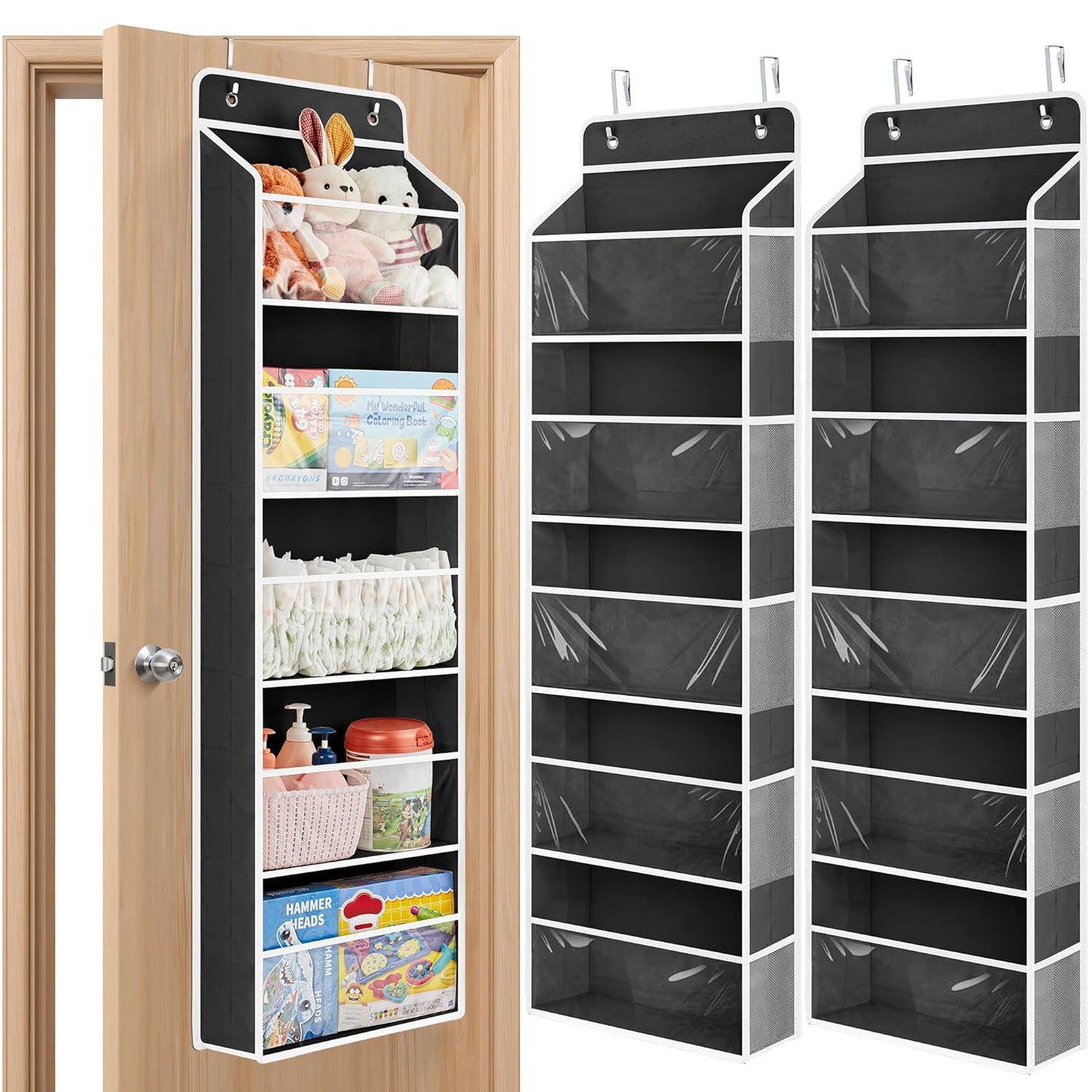 JARLINK 2 Pack Toy Stuffed Animal Storage, Over The Door Organizer W/Clear View Windows, 44lb Load, Baby Toy Storage Organizer for Nursery, Kid Bedroom, Newborn Baby Essentials (Black)