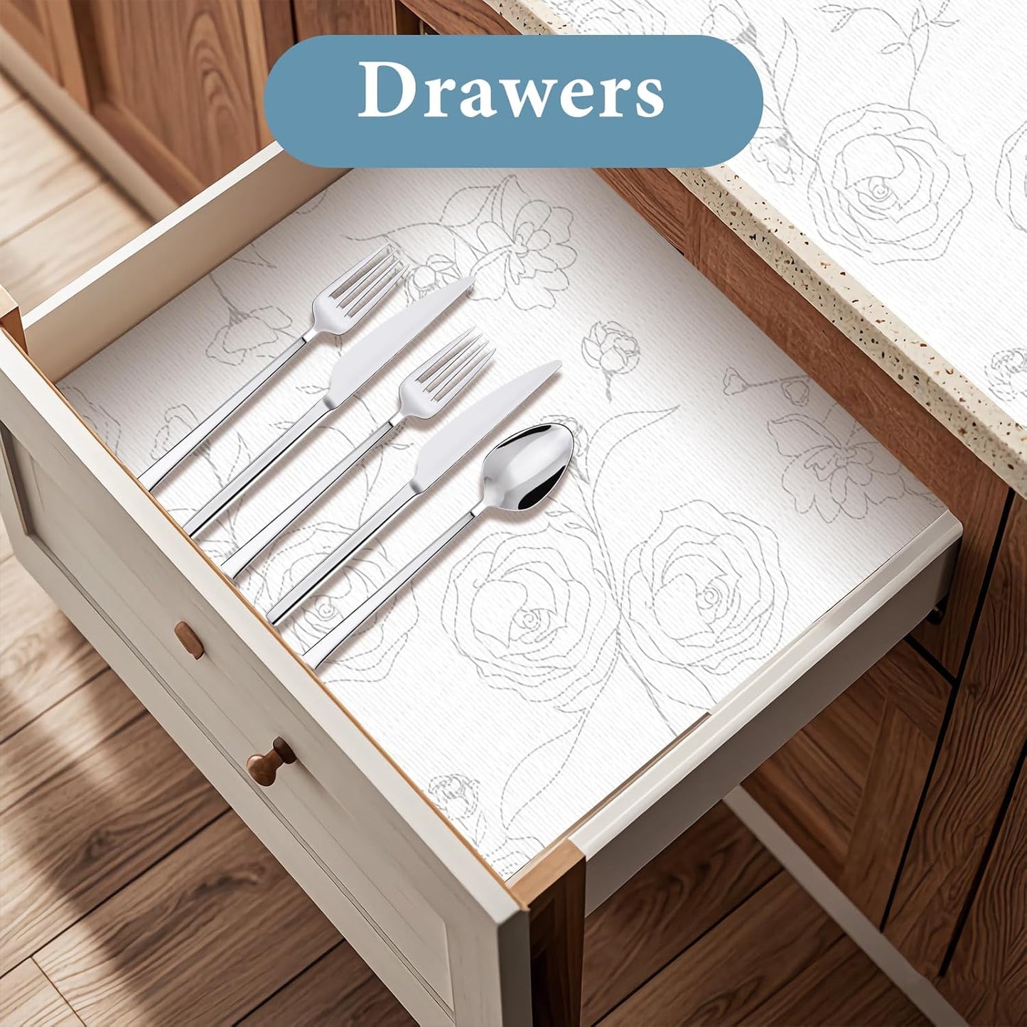 Shelf Liners for Kitchen Cabinets 23.6in x 30FT Non Adhesive Drawer Liner Sliver Floral Thickened Shelf Liner Paper Strong Non-Slip Easy to Clean for Tool Box Refrigerator with Knife and Tape Measure