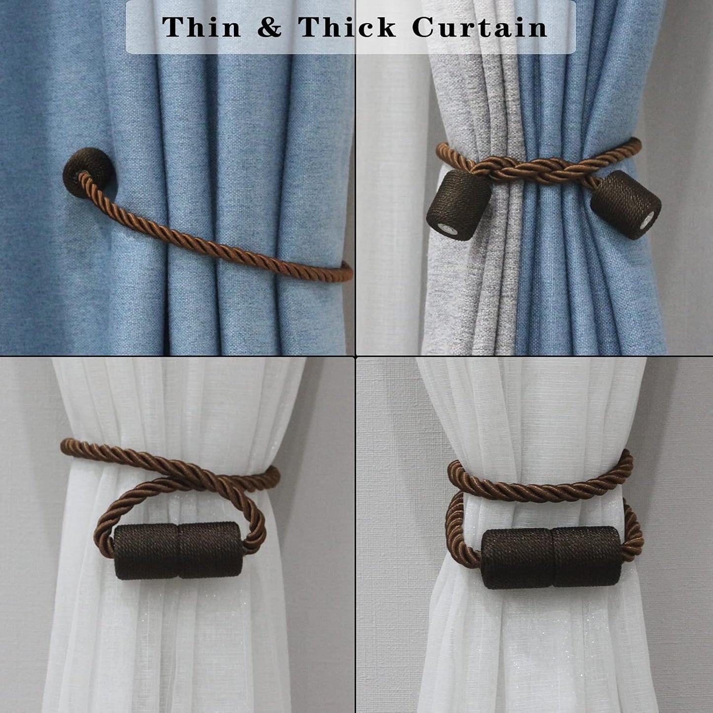 4 Pack Strong Magnetic Curtain Tiebacks Outdoor Elegant Decorative Tie Backs Modern Rope Tiebacks for Drapes Window Curtain Holdbacks for Draperies- Coffee