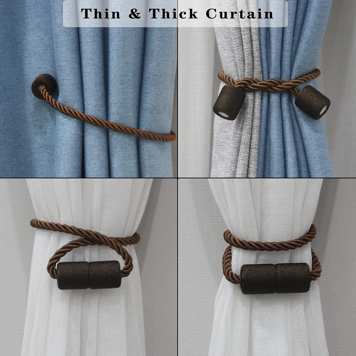 2 Pack Strong Magnetic Curtain Tiebacks Outdoor Elegant Decorative Tie Backs Modern Rope Tiebacks for Drapes Window Curtain Holdbacks for Draperies- Coffee