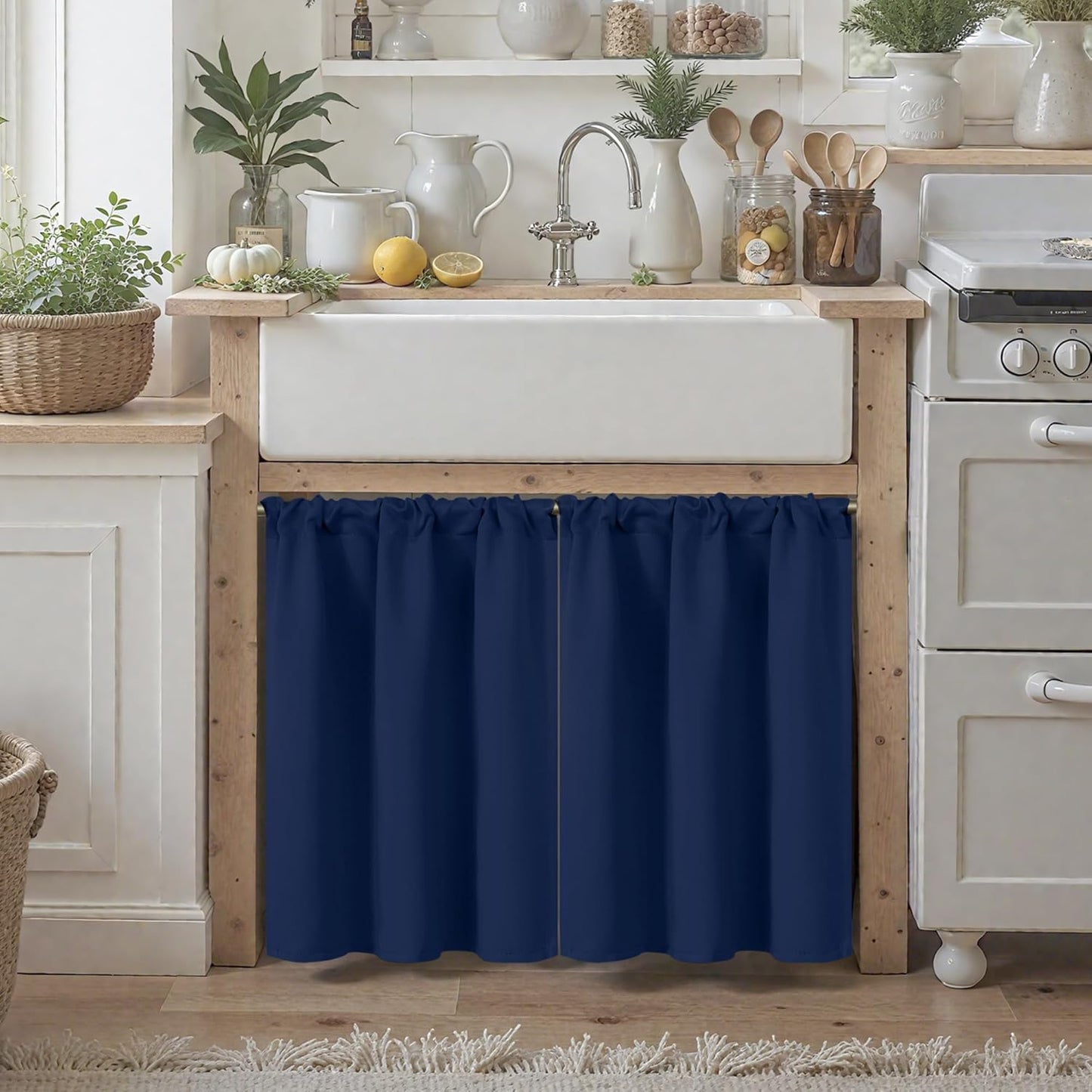 BGment Navy Blue Blackout Curtains 36 Inches Length for Kitchen Window Over Sink - Short Drapes with Rod Pocket Room Darkening for Cafe Rv Bathroom, 2 Panels, 34 x 36 Inch