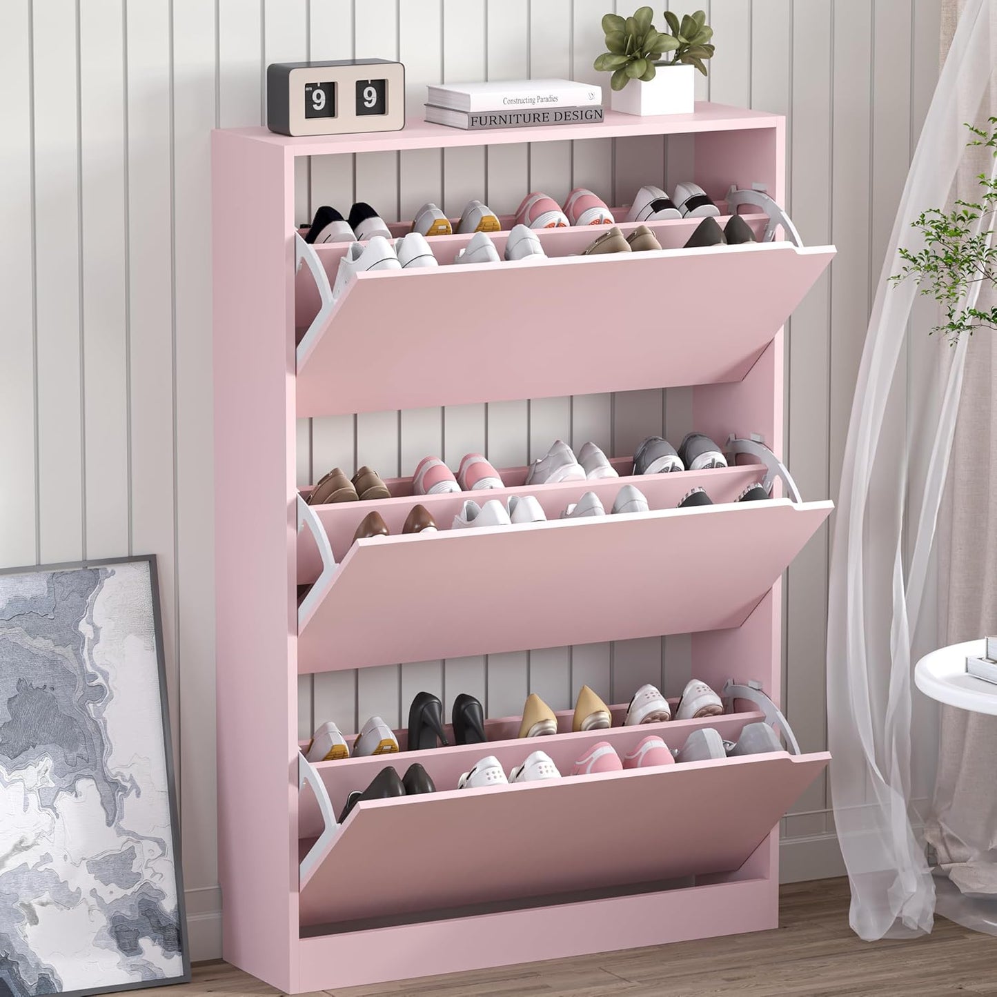 Shoe Cabinet with 3 Flip Drawers, Hidden Wood Shoe Cabinet,Freestanding Shoe Storage Cabinet for Entryway Hallway.White. 47.2" H*31.5" W*9.45" D (Pink)