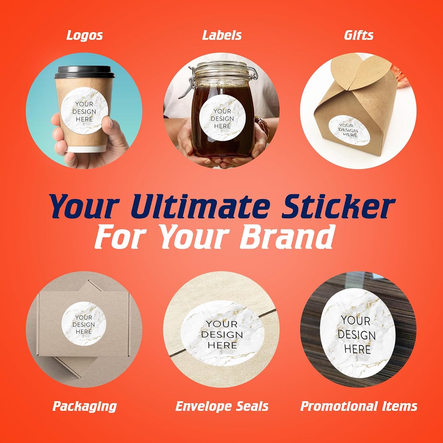 100 Custom Vinyl Stickers - Upload Your own Image, Text, Design, Logo - Personalized Logo Labels for Handmade, Packaging, Bottle, Jars, Candle, Brand Stickers (Gold Marble, 4x4)
