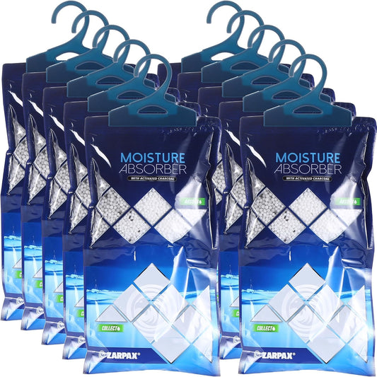 Hanging Moisture Absorber Activated Charcoal 10.6 oz/300g | Moisture Absorbing Bags for Bathroom, Closet & Kitchen | Removes Moisture, Humidity & Odors | Portable Dehumidifier | Set Of 10