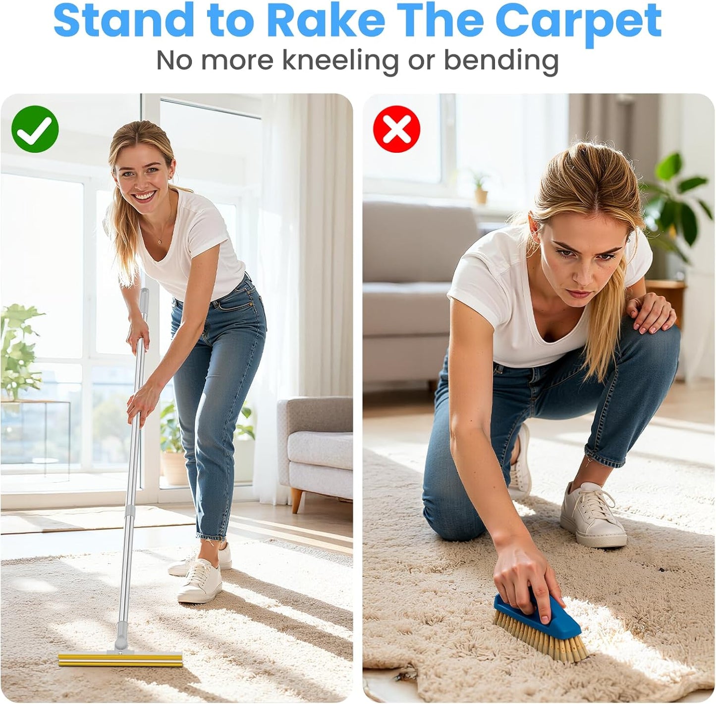 3 in 1 Carpet Rake for Pet Hair Removal, Tool Set of 3, 55” Long Handle Carpet Pet Hair Removal Carpet Scraper Dog Cat Hair Remover for Sofa, Couch, Car, Rug (Gray)