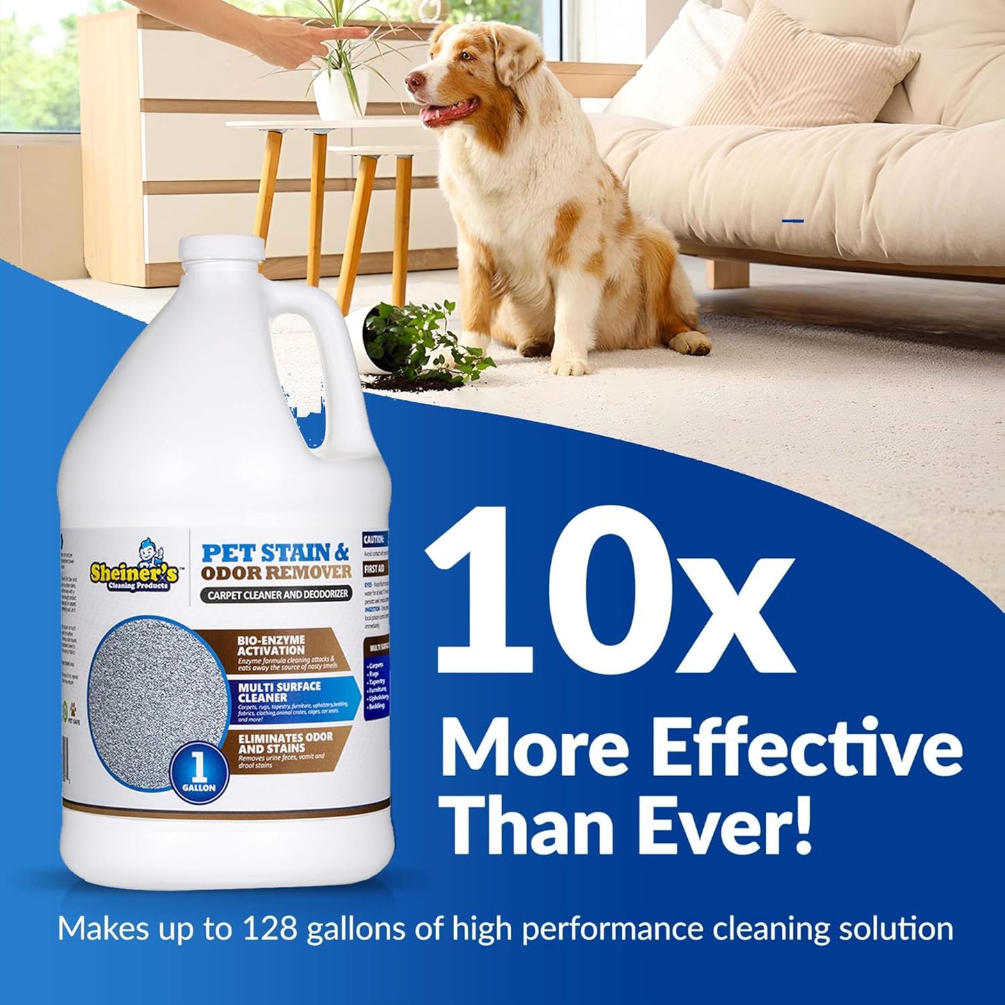 Sheiner's Pet Urine Enzyme Cleaner & Urine Odor Eliminator, Advanced Cleaning Bio-Enzyme Cleaner Solution for Carpets, Rugs, Upholstery & Multi-Surfaces, Safe for Pets & Kids. (128 oz)