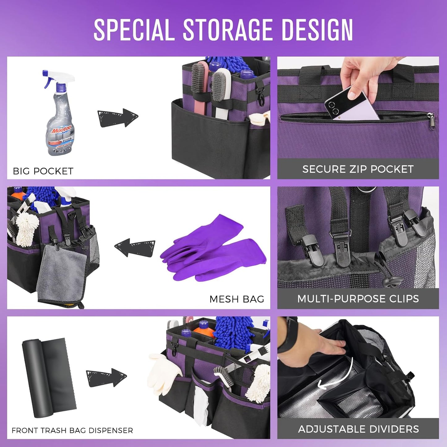 Wearable Cleaning Caddy, Cleaning Caddy Supplies Organizer with Handle & Shoulder Straps for Housekeepers, Under Sink & Car Cleaning Tool Organizers Bag with 4 Foldable Divider (Purple)