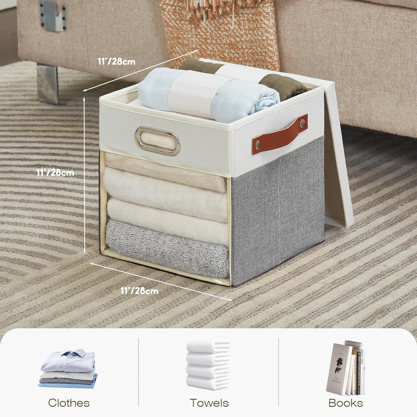Fabric Storage Cubes with Clear Windows and Lids, 11'' Foldable Storage Bins with 3 Handles, Decorative Storage Boxes for Home, Bedroom, Closet, Office (Gray & White)