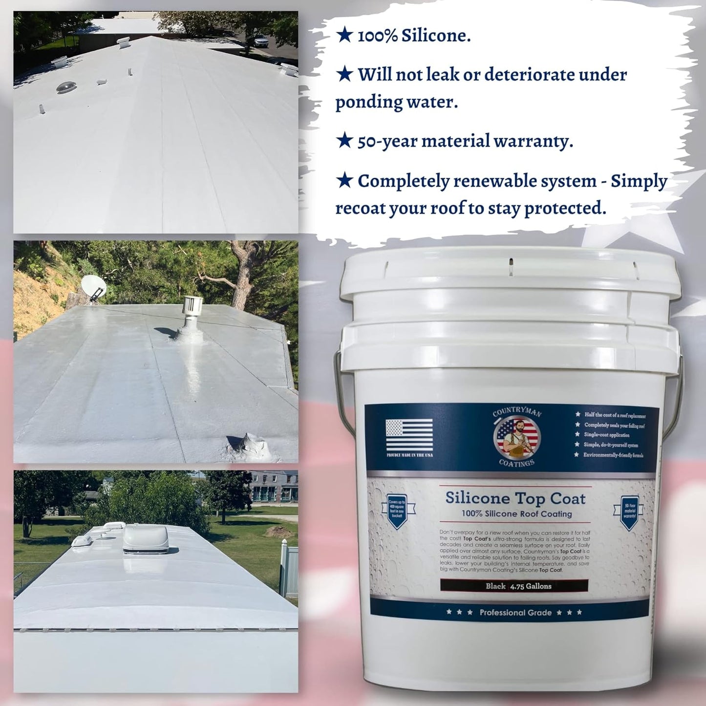 Countryman Coatings 100% Silicone Roof Coating - Restore Your Roof in a Day - Seal Leaks, Cracks, Seams, Penetrations - Adheres to All Surfaces (4.75 Gallon, Black)