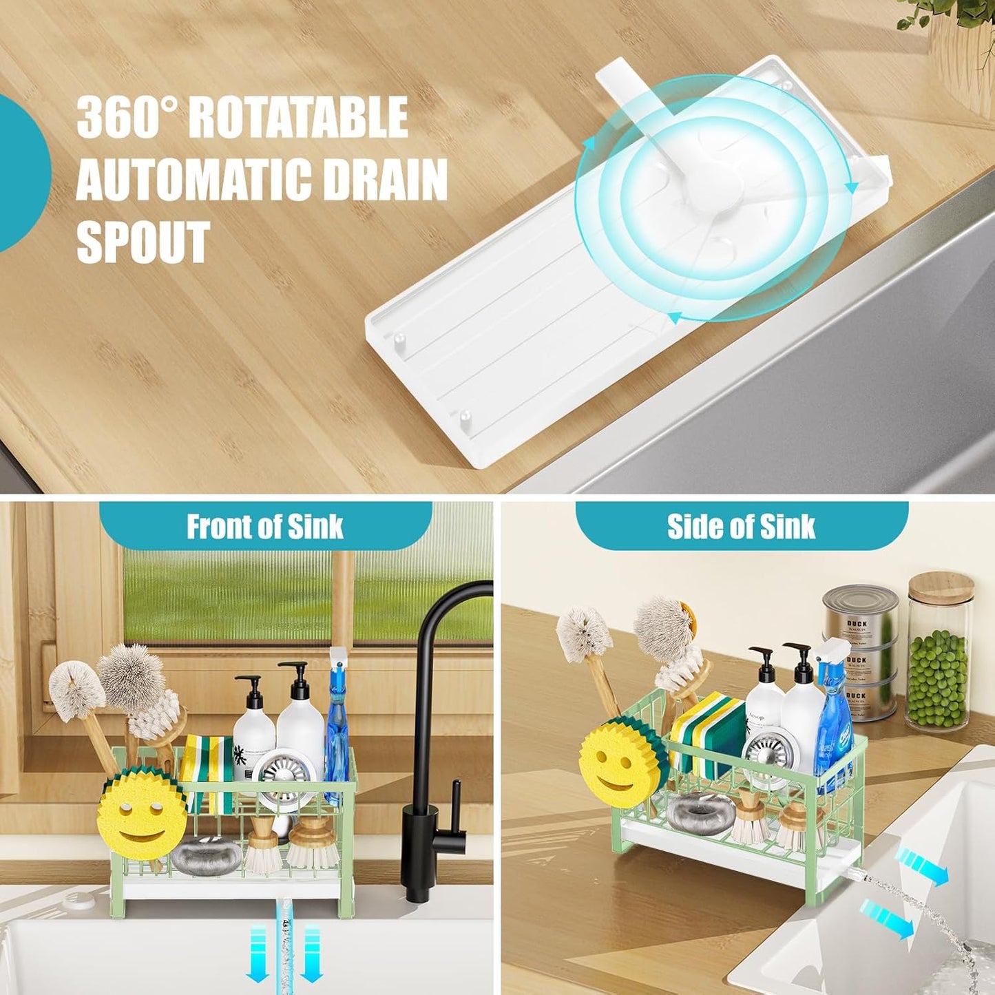 Sponge Holder for Kitchen Sink with Flexible Sink Caddy Smiley Face,2 Tier Kitchen Sponge Holder Countertop and Storage Essentials,Soap Dispenser Organize,Home Decor Accessories-Green