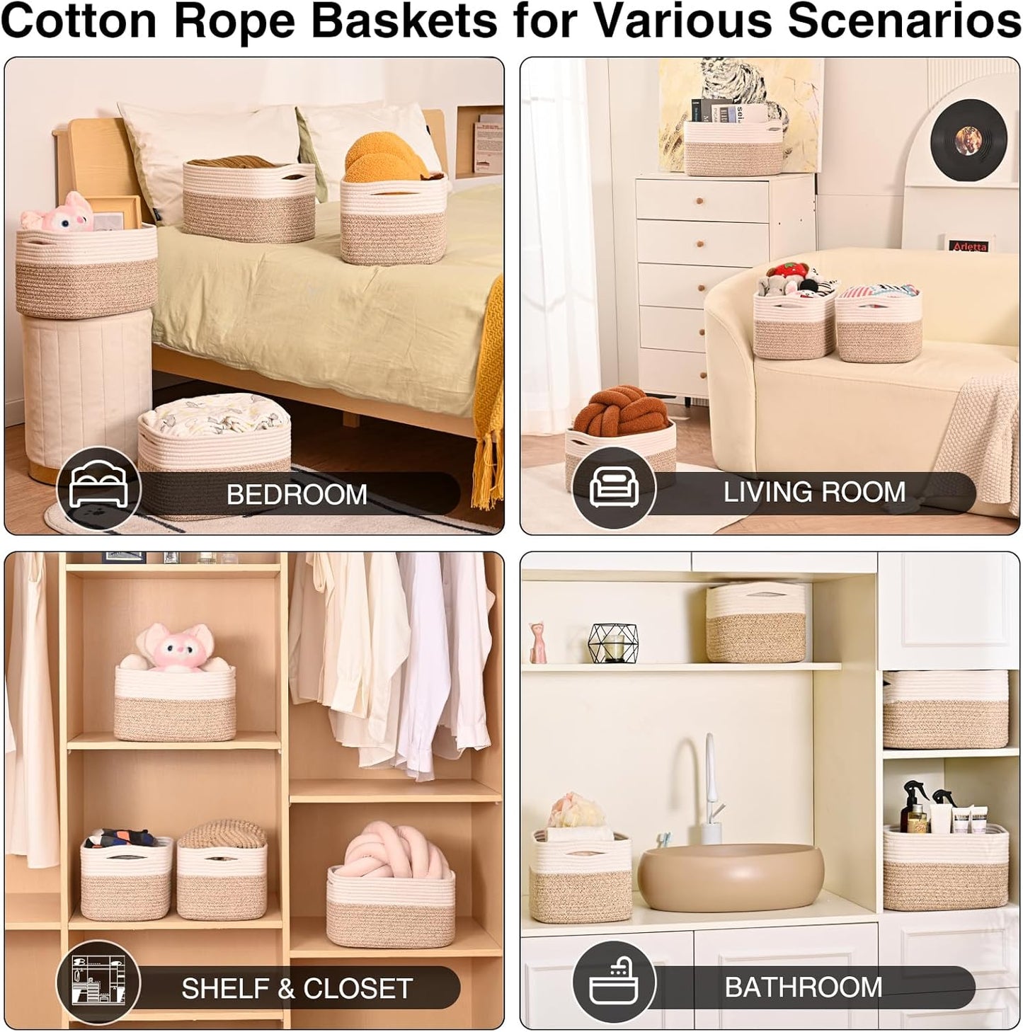 Small Storage Baskets for Organizing, Woven Storage Baskets for Shelves, Cotton Rope Basket for Storage, Cute Rectangular Book Toy Basket, 12.7"×9.1"×7.9", 4 Packs, Off White & Brown