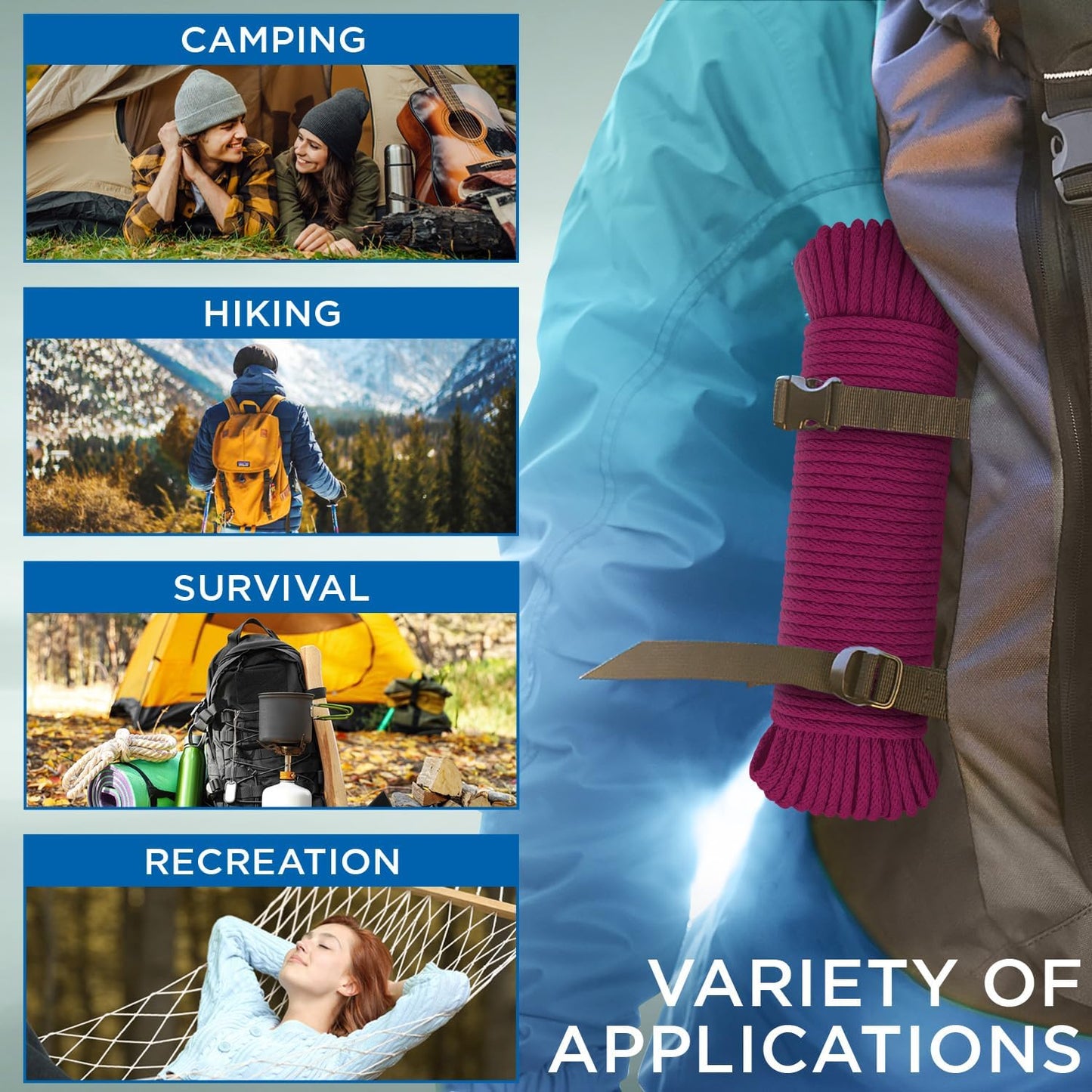 TECEUM Cotton Rope 3/16” (5 mm) – 100 FT – Strong All-Purpose Braided Rope – Natural Cotton – for Crafting, Сamping, Clothes Line, DIY, Indoor & Outdoor Use – Deep Pink