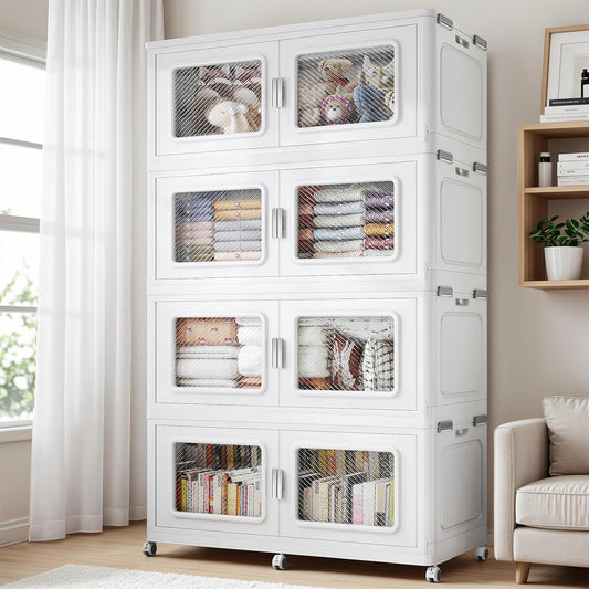 BROVIEW 1200 Qt Stackable Storage Bin with Lid, 300Gal Extra Large Collapsible Storage Boxes, Folding Plastic Drawer, Heavy-Duty Store Cabinet, Closet Organizer for Home Kitchen, 4 Pack White