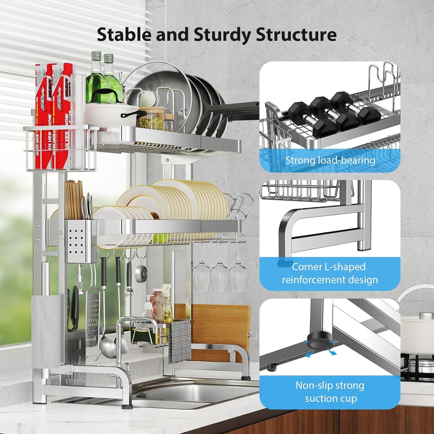 Over The Sink Dish Drainer Drying Rack, Full Stainless Steel 3-Tier Adjustable Length Over Sink Dish Drying Rack, Large Capacity Dish Rack Over Sink for Kitchen Counter, Pots & Pans Rack