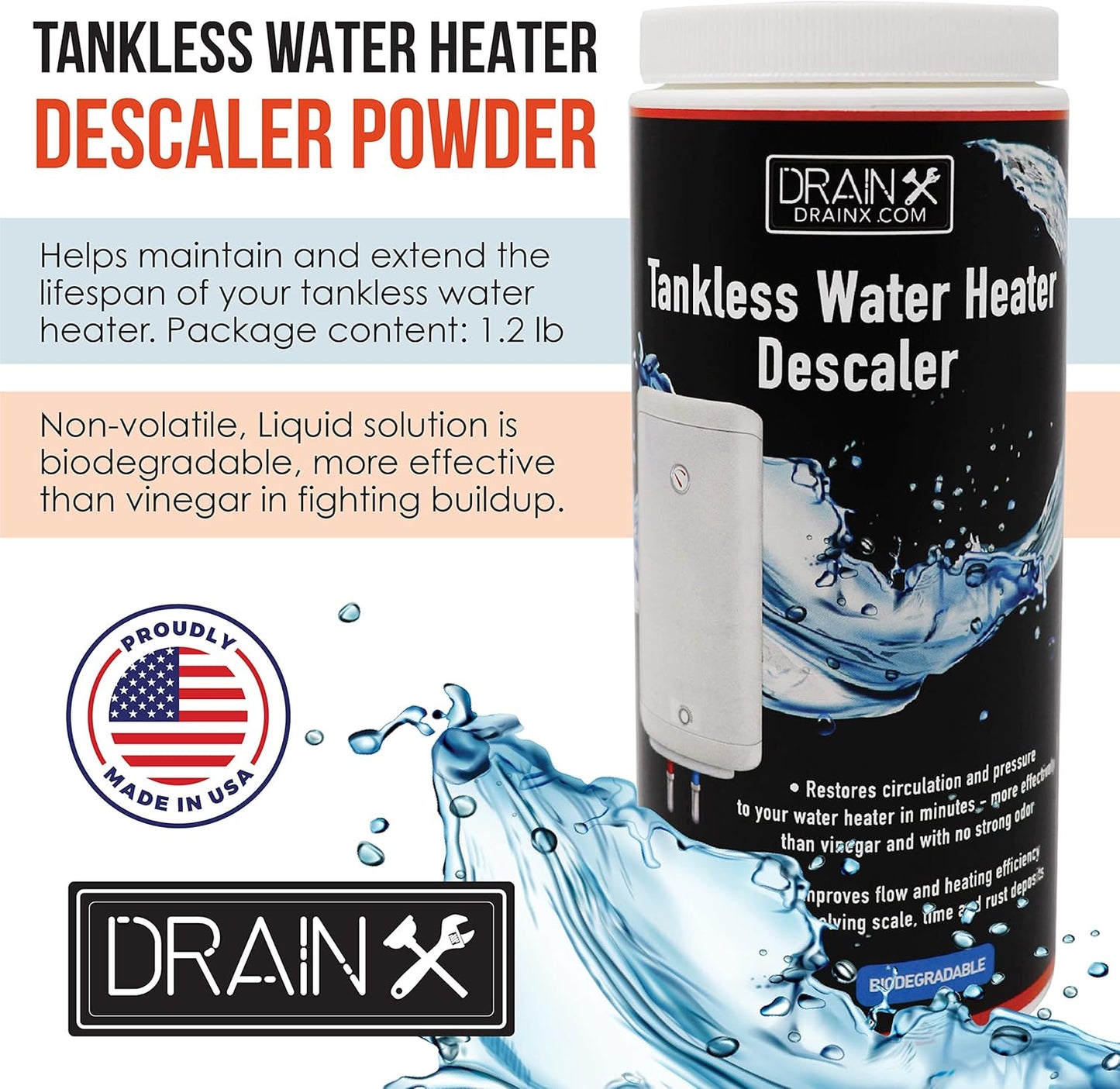 DrainX Tankless Water Heater Flushing Kit with Pump, Hoses, Descaling Powder and Measuring Bucket, All in One Complete Maintenance Solution