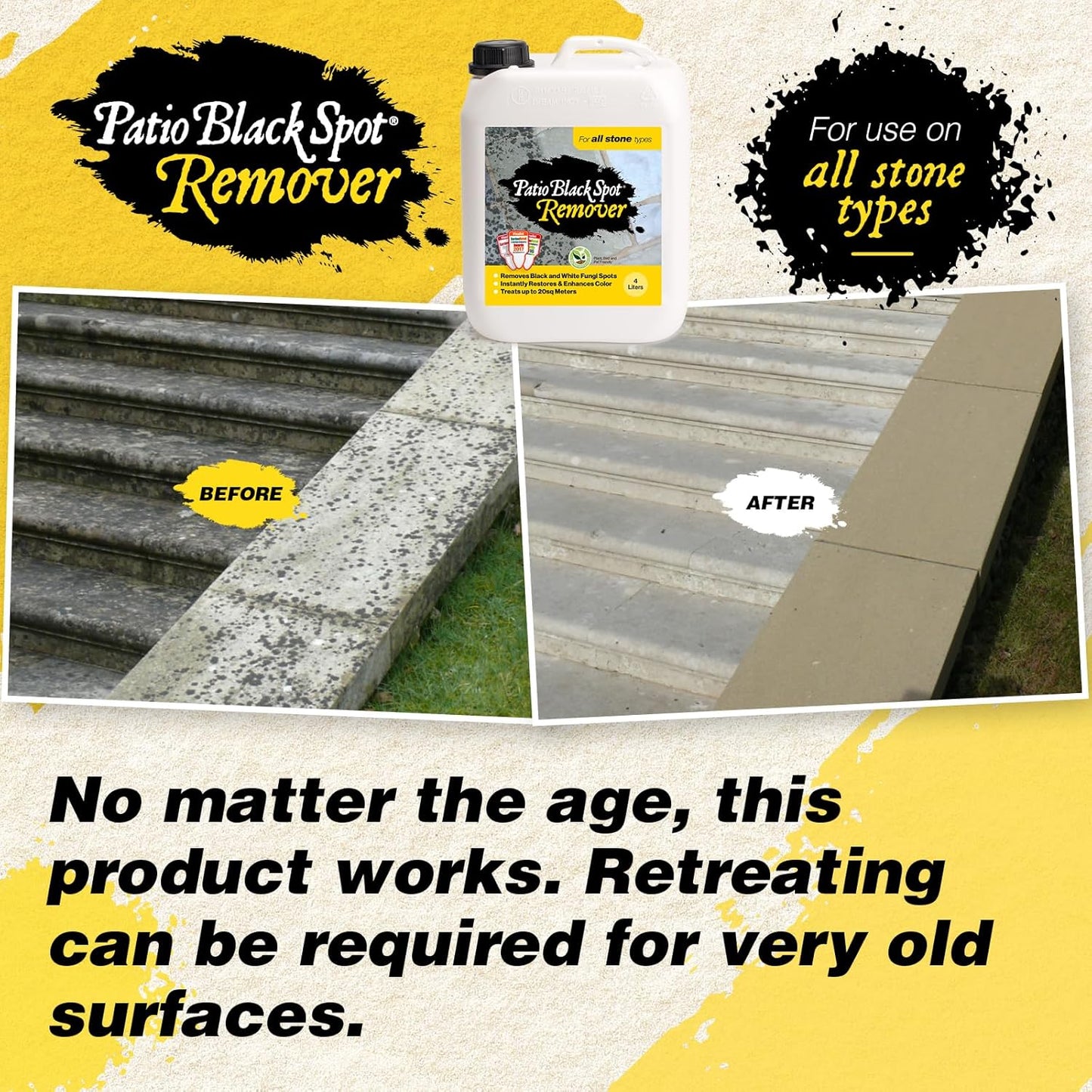 Remover - for All Stone Type - Restore Natural Colour - Removes Staining Caused by Black Lichen, Green Algae and White Fungi - Biodegradable and Acid-Free - 4 L