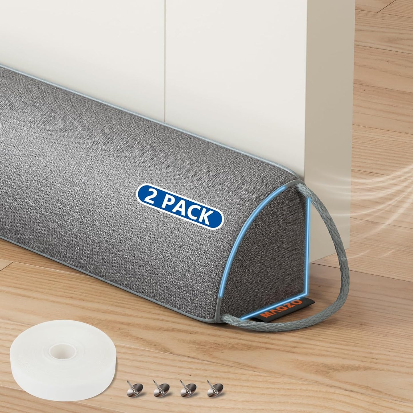 MAGZO Door Draft Stopper 30 Inches, 2 Pack Weighted Triangular Door Snake for Winter Noise Blocker with Hook Loops,Gray