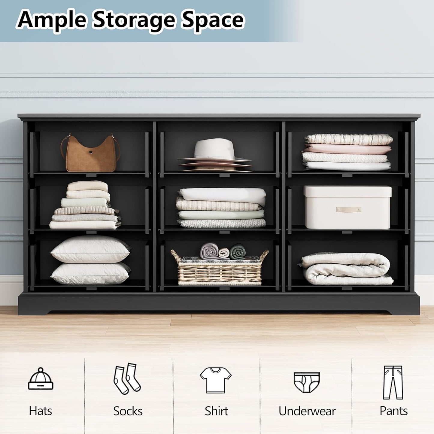 9 Drawer Dresser for Bedroom, 63" Wide Wooden Chest of Drawers, Rustic Farmhouse Dresser with Large Drawers & Metal Handles, Modern Storage Organizer for Closet, Living Room, Hallway, Black