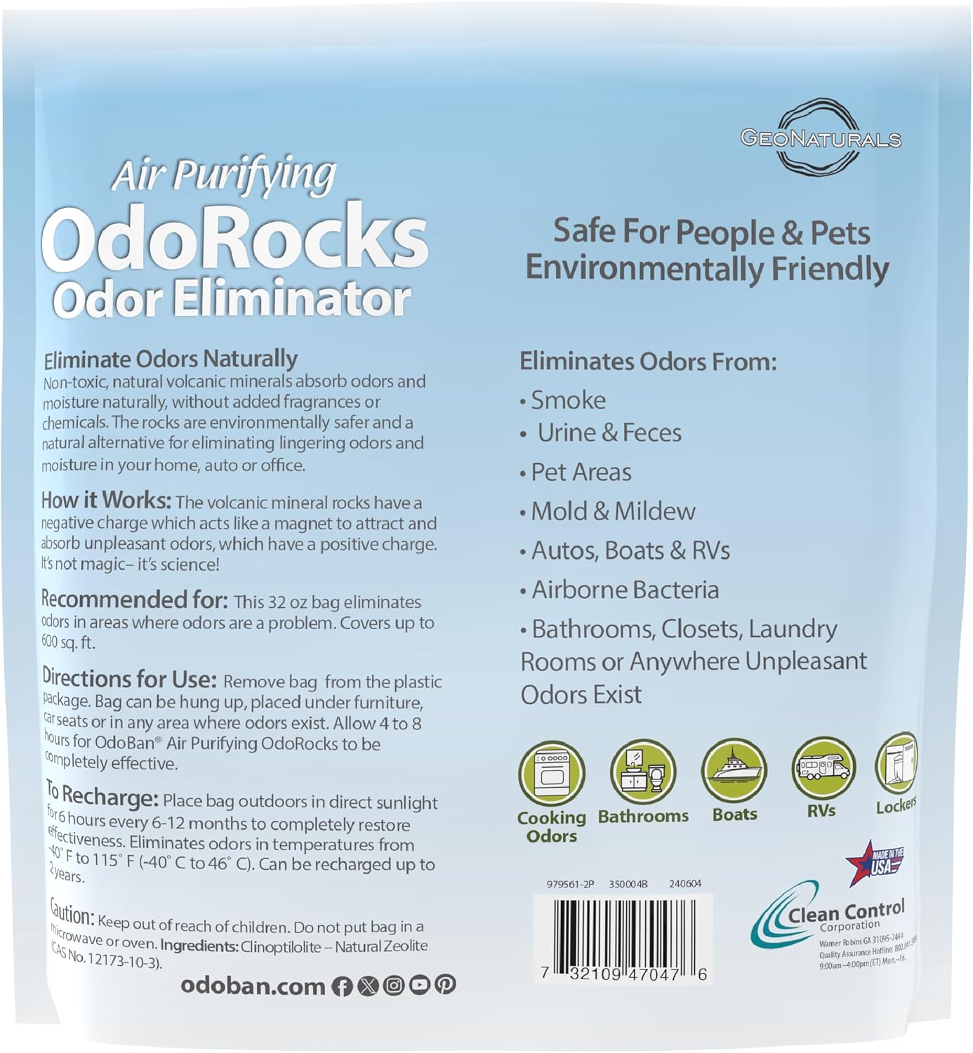 OdoBan Air Purifying OdoRocks Natural Odor Eliminator Made from Natural Volcanic Rocks, Made in the USA, Fragrance Free, 6-Pack, 2 Pounds Each