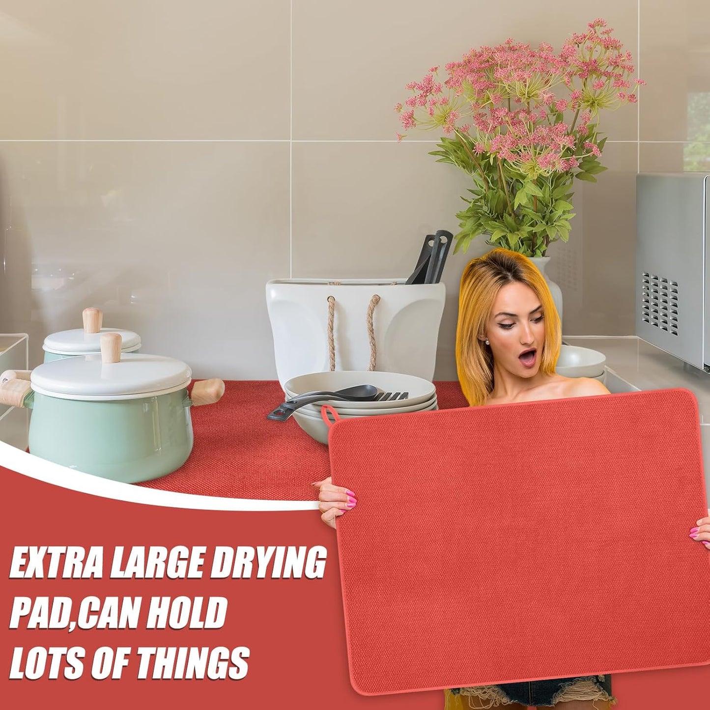 Hushee 2 Pack Extra Large Dish Drying Mat Microfiber Absorbent Dish Drying Pad Large Size Dishes Drainer Mats for Countertop, Sink, Refrigerator or Dryer (30 x 24 Inch,Red)