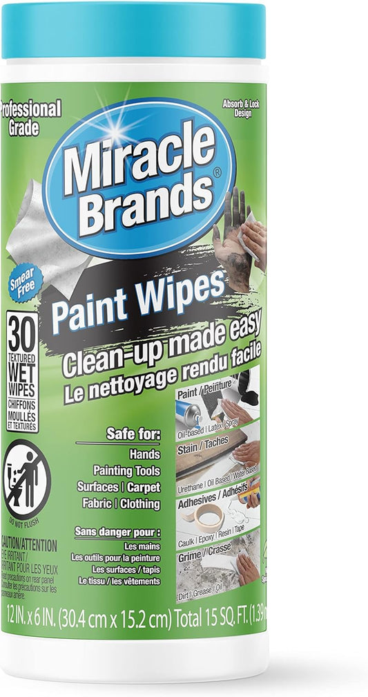 MiracleWipes for Paint Prep & Cleanup, Remove Tough Grime Build-Up, Wet Paint, Caulking, Epoxy, Colorant, and more from Hands, Surfaces, & Tools - 30 Count