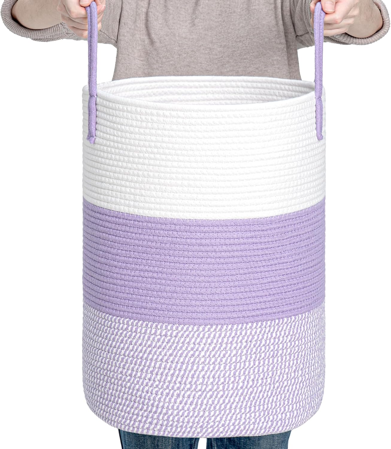 CLHMILY&Z 40L Laundry Basket Round Storage Rope Basket - 13x18 Inches - Lavender Hamper in Bedreoom and Cute Storage Bin for Blankets, Toys, and Nursery Essentials