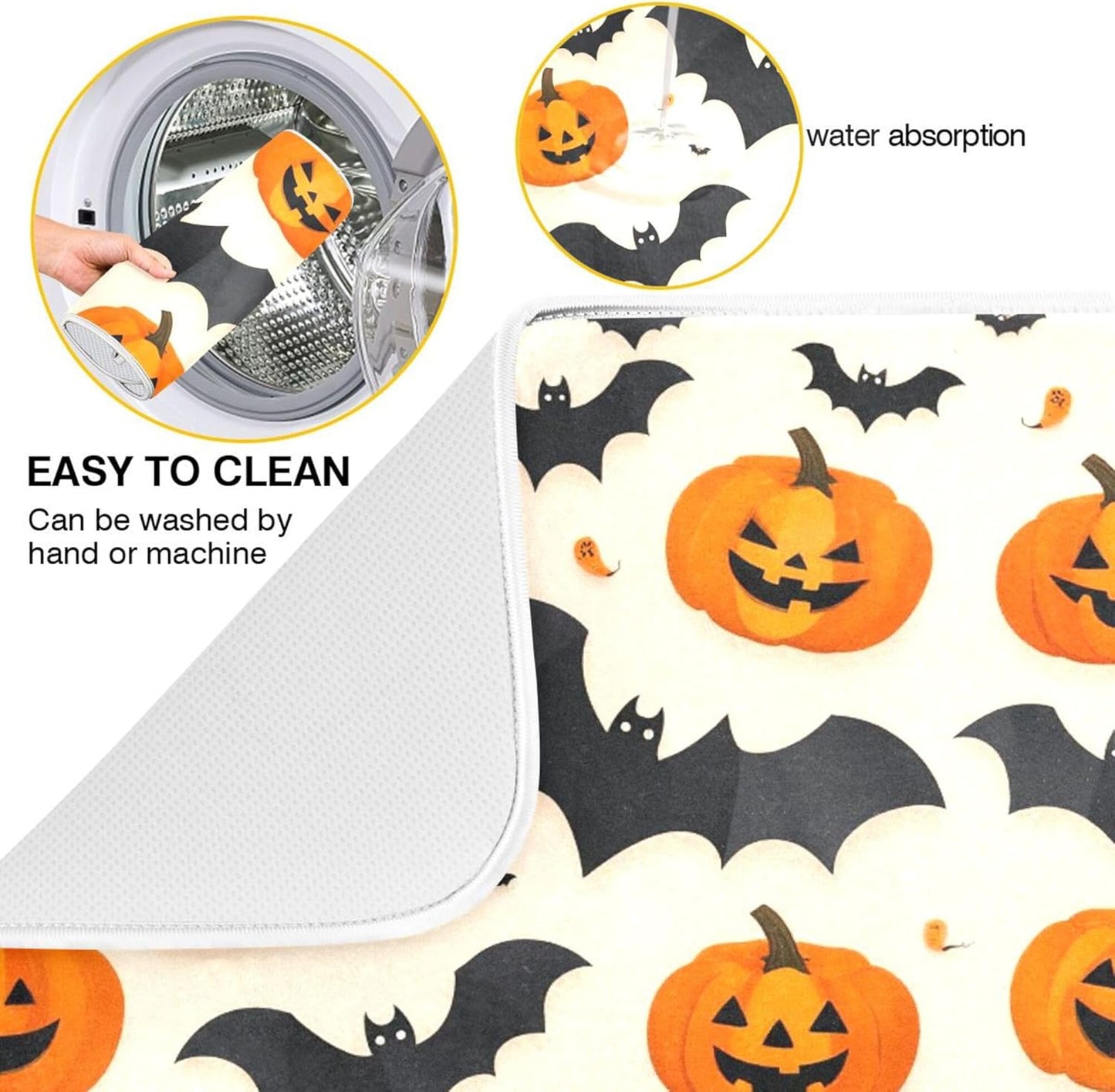 Halloween Black Bat Dish Drying Mat for Kitchen Countertop 16x18 Spooky Evil Pumpkin Lantern Small Drying Mat Reusable Quick Dry Dish Sink Mats Easy Clean Decorative Essentials