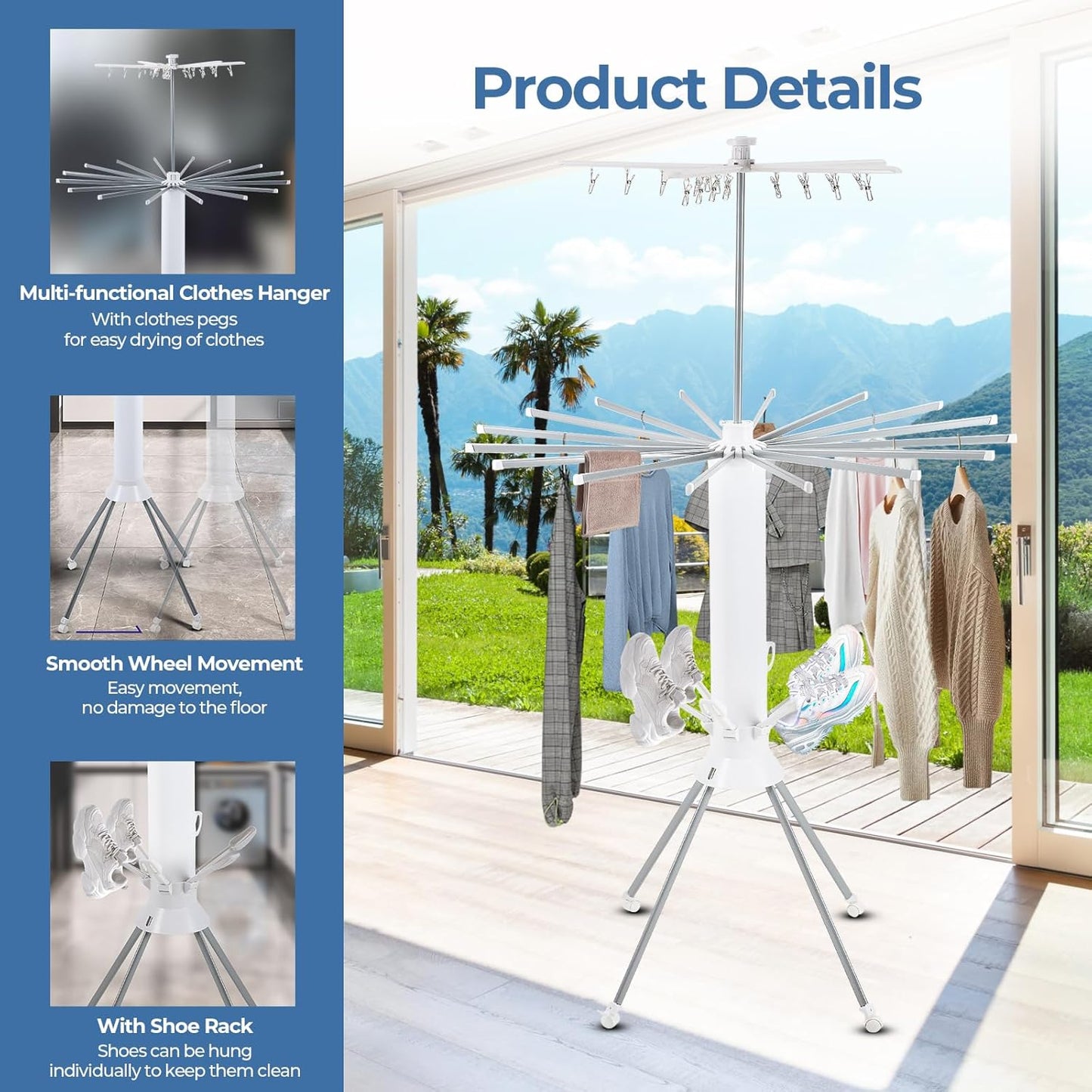 GCCSJ 3 Tier Portable Collapsible 4-Legged Clothes Drying Rack,Foldable Laundry Drying Rack with 4 Pulleys with and Shoe Holders for Indoor Outdoor Space Saving