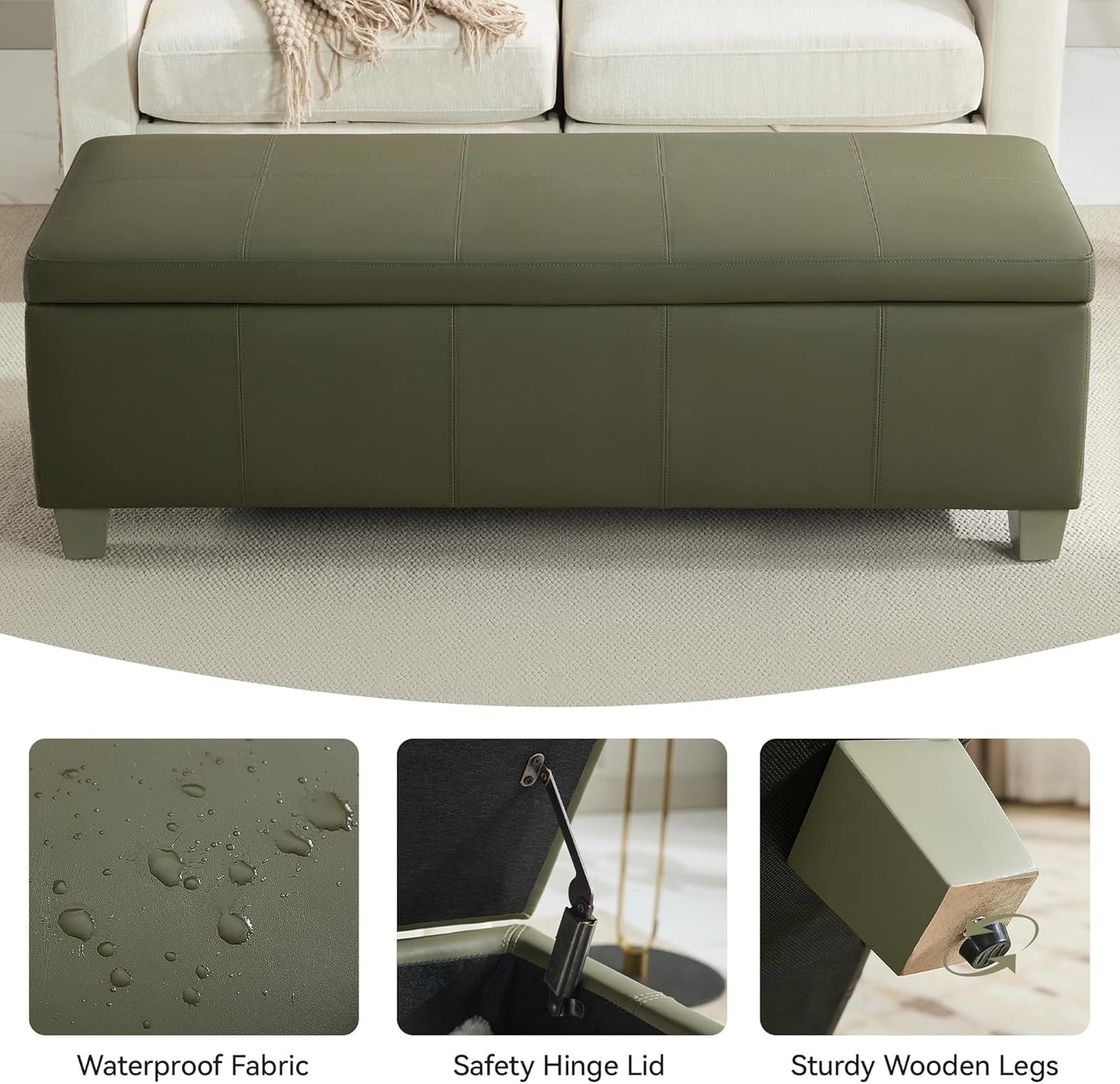 51" Faux Leather Storage Ottoman, Stitch Tufted Rectangle Upholstered End of Bed Storage Bench, Entryway Large Couch Ottoman with Wooden Legs,Green