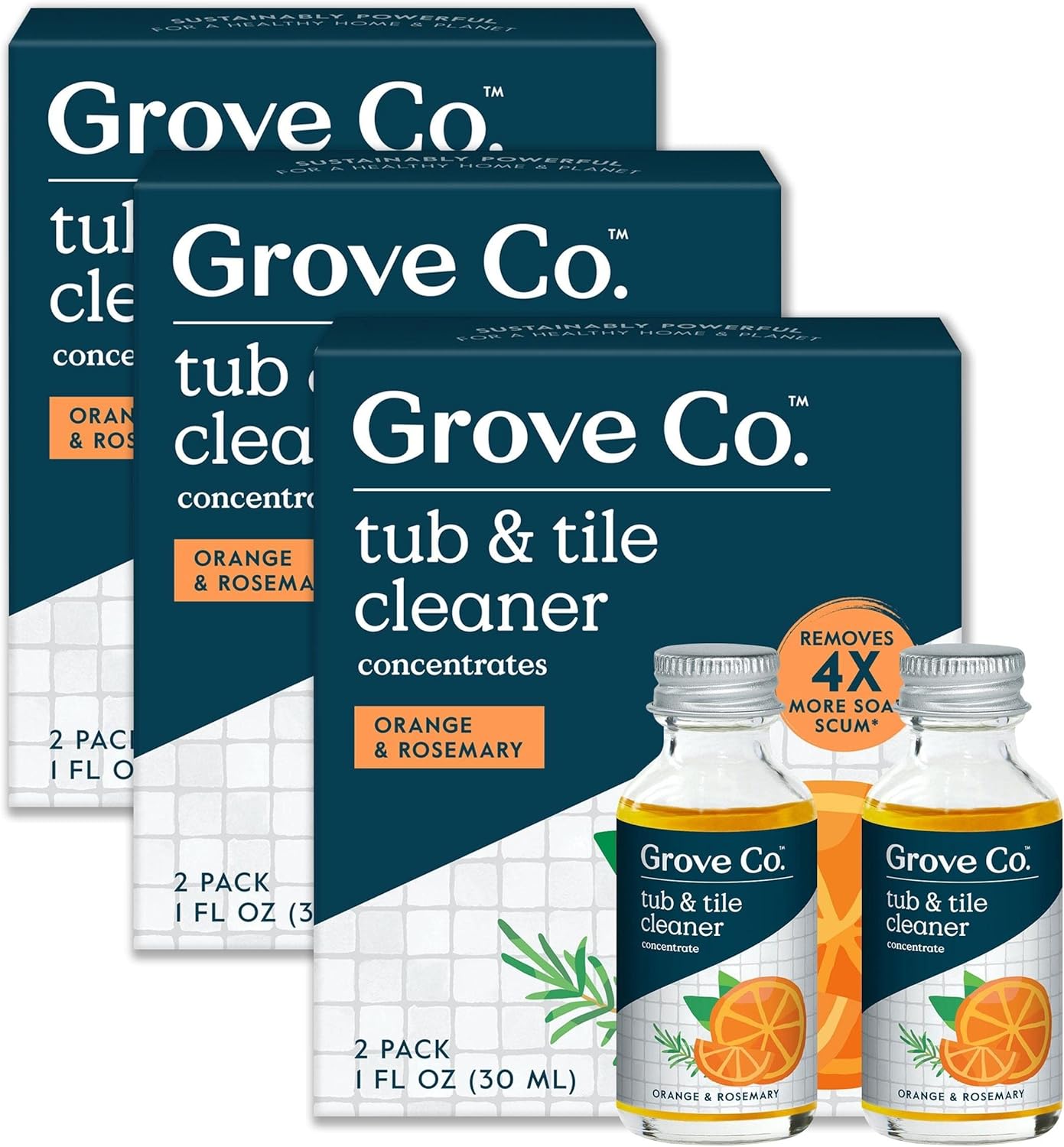 Grove Co. Tub and Tile Cleaner, Refill Concentrate (6 x 1 Fl Oz) Plant-Based Household Cleaning Supplies, No Plastic Waste, 100% Natural Orange & Rosemary Fragrance, 3 x 2 Pack Refills