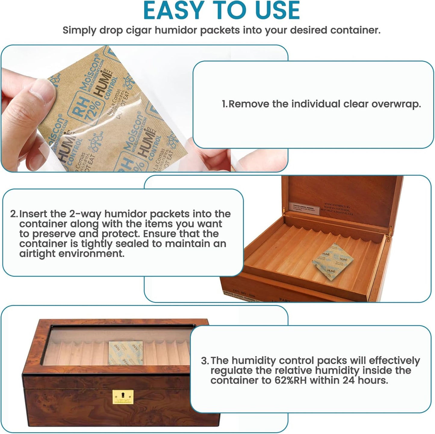 72% Two-Way Humidity Control Packs- 8 Gram Moisture Absorbers for Herbs, Wood Humidifier Boxes - Natural Craft Paper Design, Individually Sealed Packets, Prevents Leaks [60 Pack]