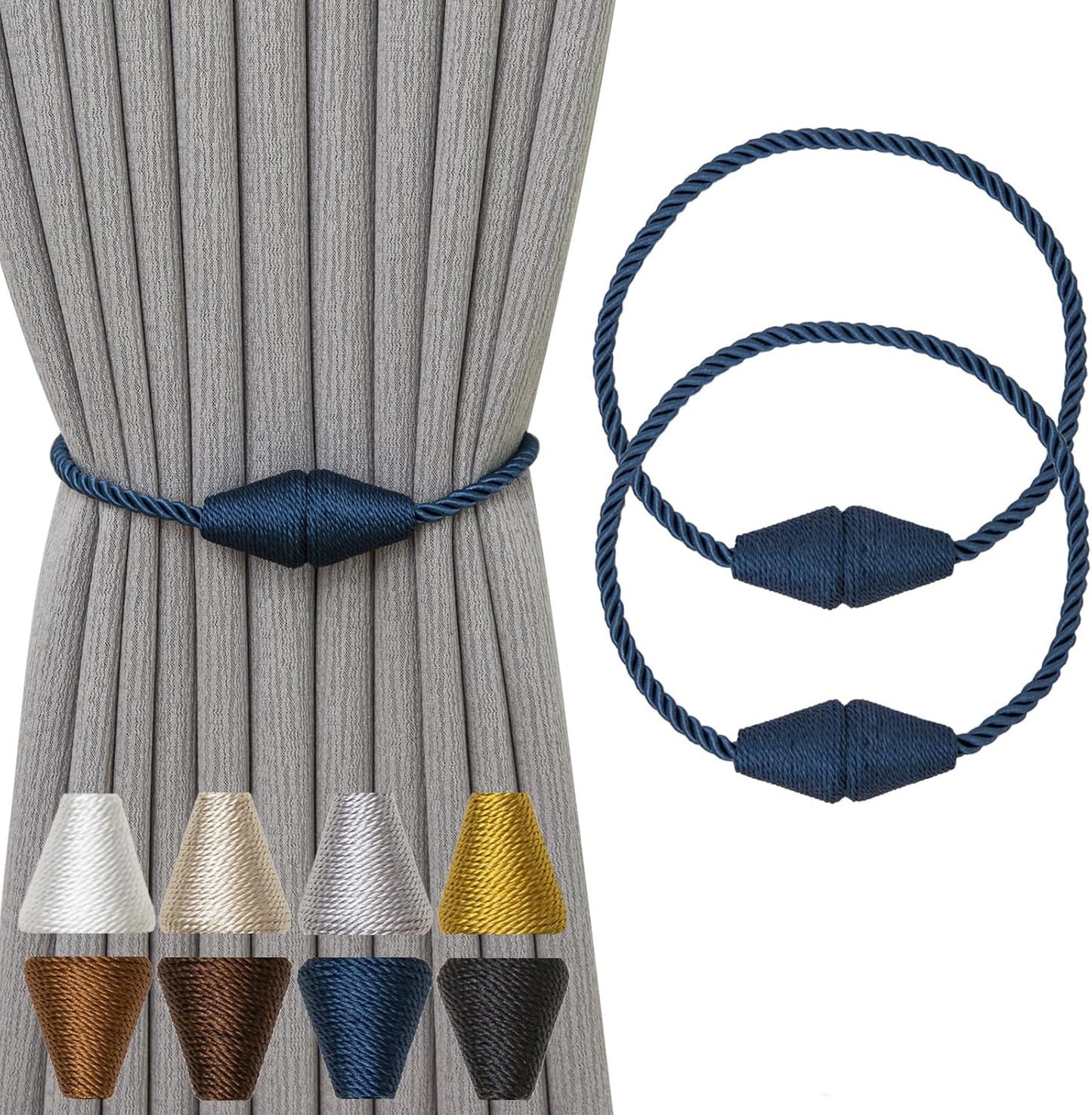 Magnetic Curtain Tiebacks 2 Pack Outdoor Rope Curtain Tie Backs Decorative Window Treatment Holdbacks for Home Decorative Curtain, Blue