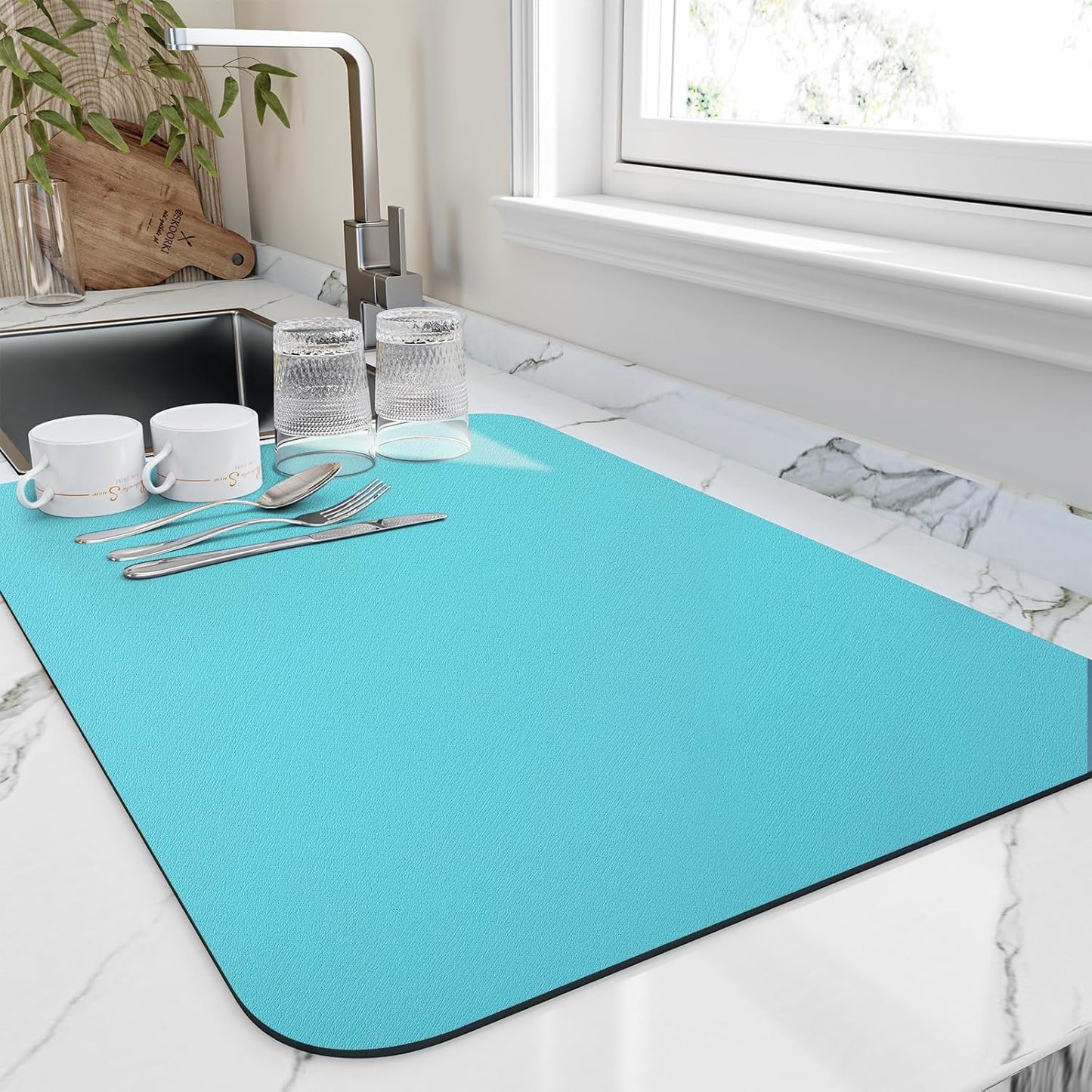 Dish Drying Mat for Kitchen Counter, Heat Resistant Drainer Mats with Non-slip Rubber Backed, Hide Stain Kitchen Super Absorbent Draining Mat, Easy to Clean Dish Rack Pad, Teal 16"x20"