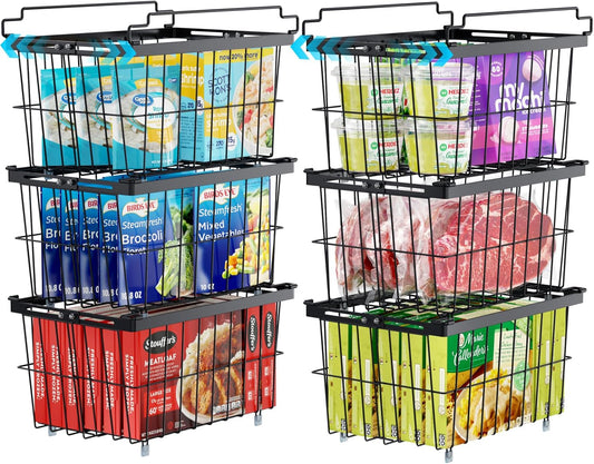 iSPECLE Freezer Organizer Bins - 6 Pack Adjustable & Extra Large Chest Freezer Organizer Bins for 5 to 9 Cu.Ft Deep Freezer, Easy Organize Basket Store More, Stackable No Wasted Space, Black