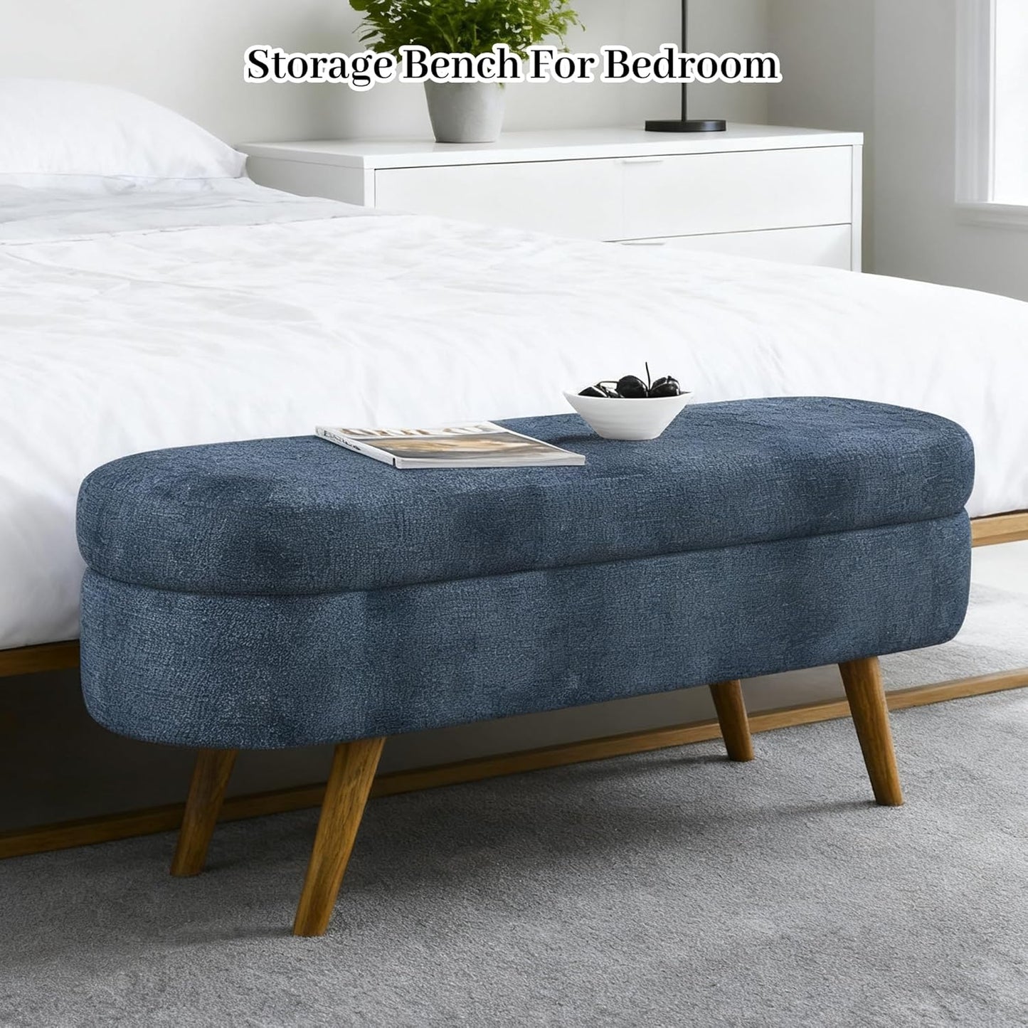 Storage Bench, 43" Storage Ottoman Bench, Shoe Storages Benches for Bedroom, Upholstered Entryway Benches with Seating, Rubber Wood Legs for Bedroom, Living Room, Entryway, Bed Side, Dark Blue