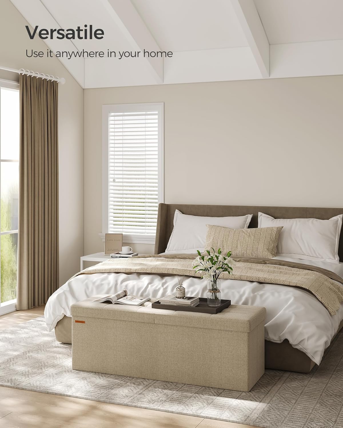 SONGMICS Mazie Collection - 43 Inches Storage Ottoman, Foldable Storage Bench with Flipping Lid, 660 lb Load Capacity, for Entryway, Living Room, Bedroom, Camel Brown ULSF076K01