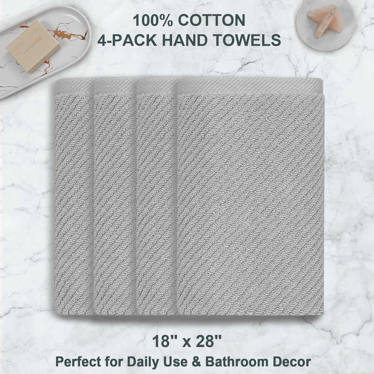 VOOVA & MOVAS Grey Hand Towels for Bathroom, Large 18" x 28" - 100% Cotton | Lightweight | Thick | Quick Dry | Soft | Absorbent, Bathroom Hand Towels Set of 4, Grey Towel Gift Set